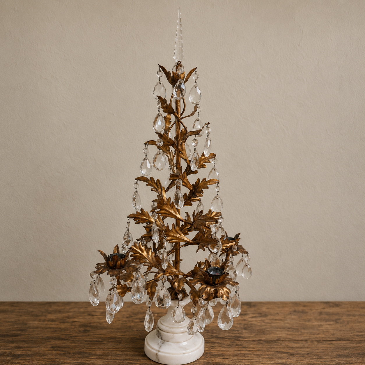 Antique Gilt Metal and Crystal Cadelabera