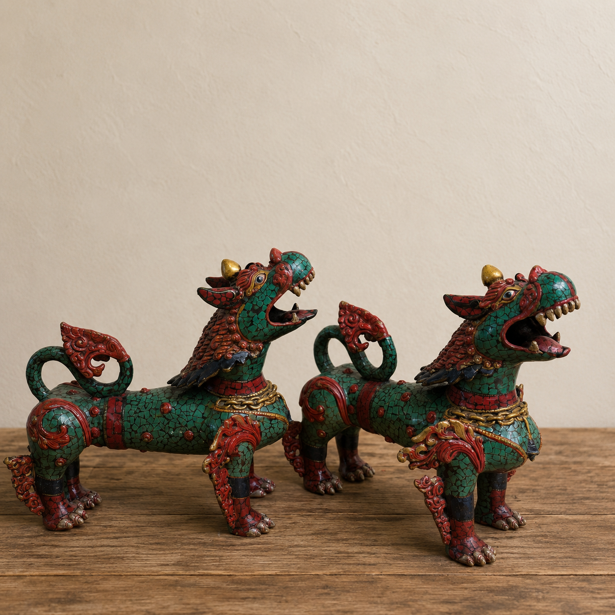 Pair of Antique Tibetan Kylin Foo Dogs