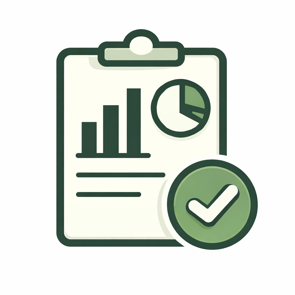 Illustration of a clipboard with bar and pie charts, and a checkmark symbol indicating approval or completion.