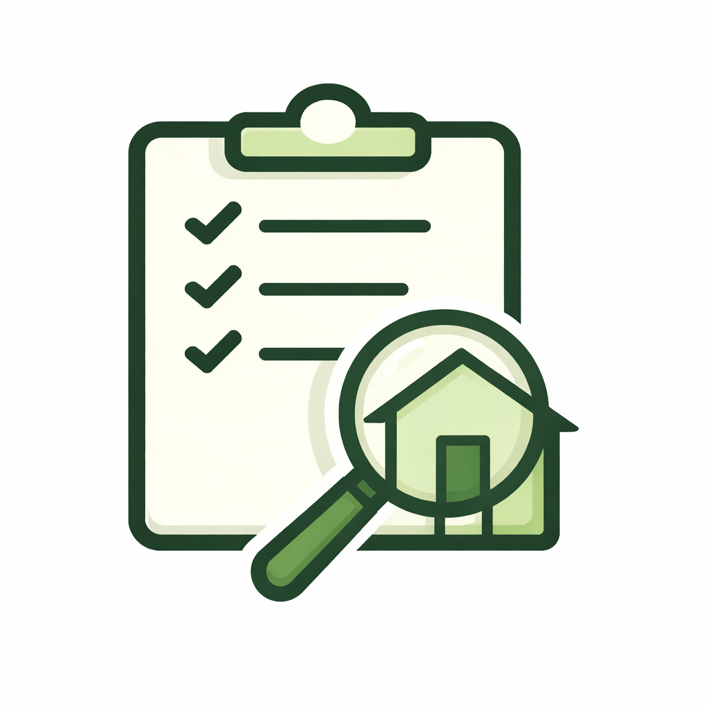 A checklist on a clipboard with checkmarks and a magnifying glass focusing on a house.