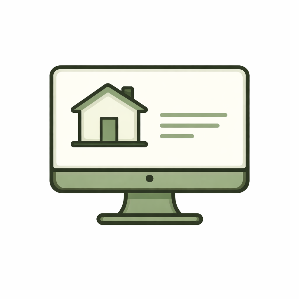 Computer monitor displaying a house icon and text, representing real estate or property listing
