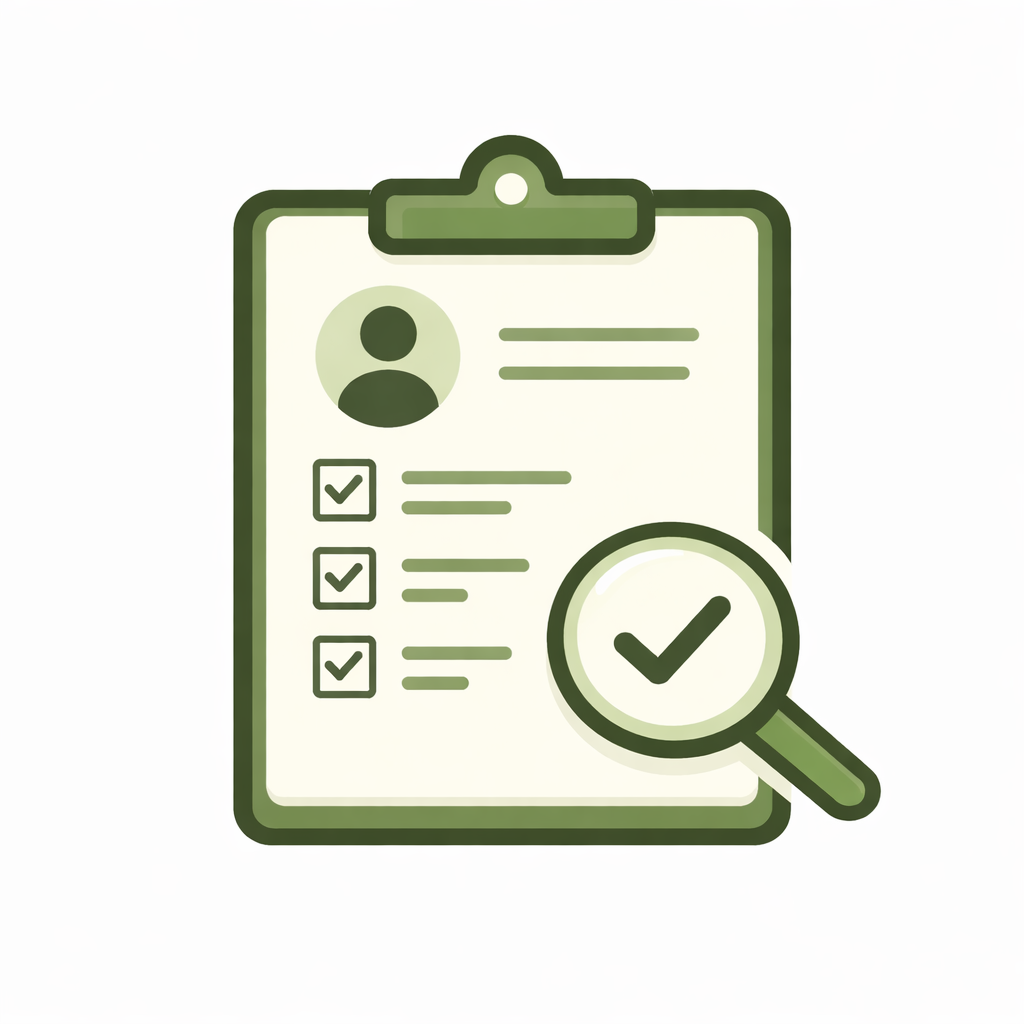 Illustration of a clipboard with a profile picture and checklists, featuring a magnifying glass with a check mark highlighting the document.