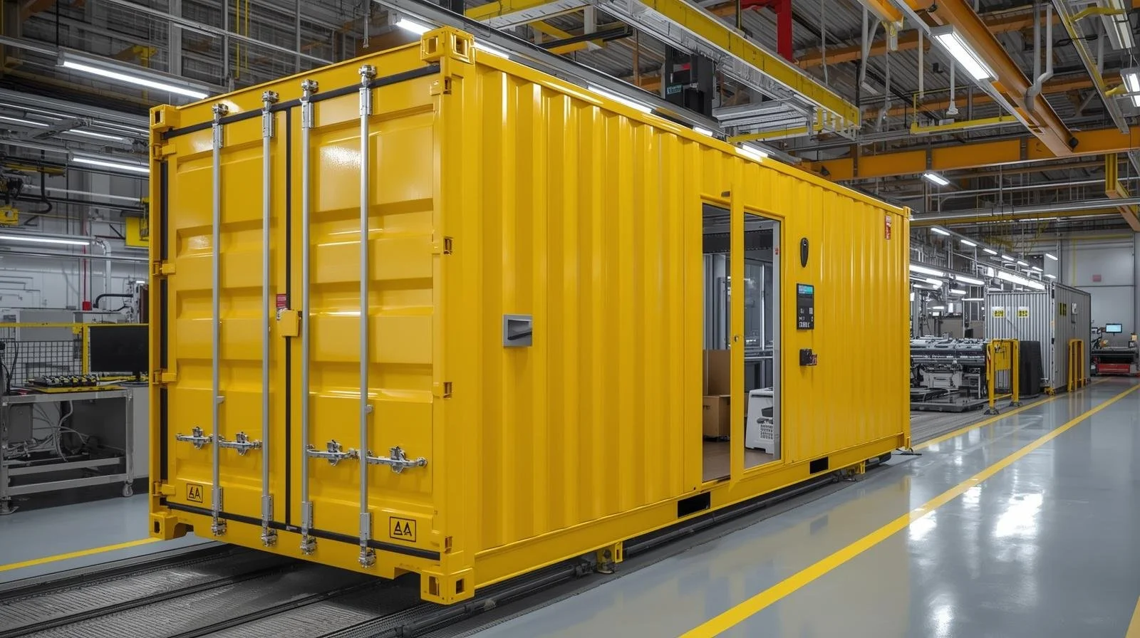 Yellow industrial container inside a factory with mechanical and electrical equipment surrounding it.