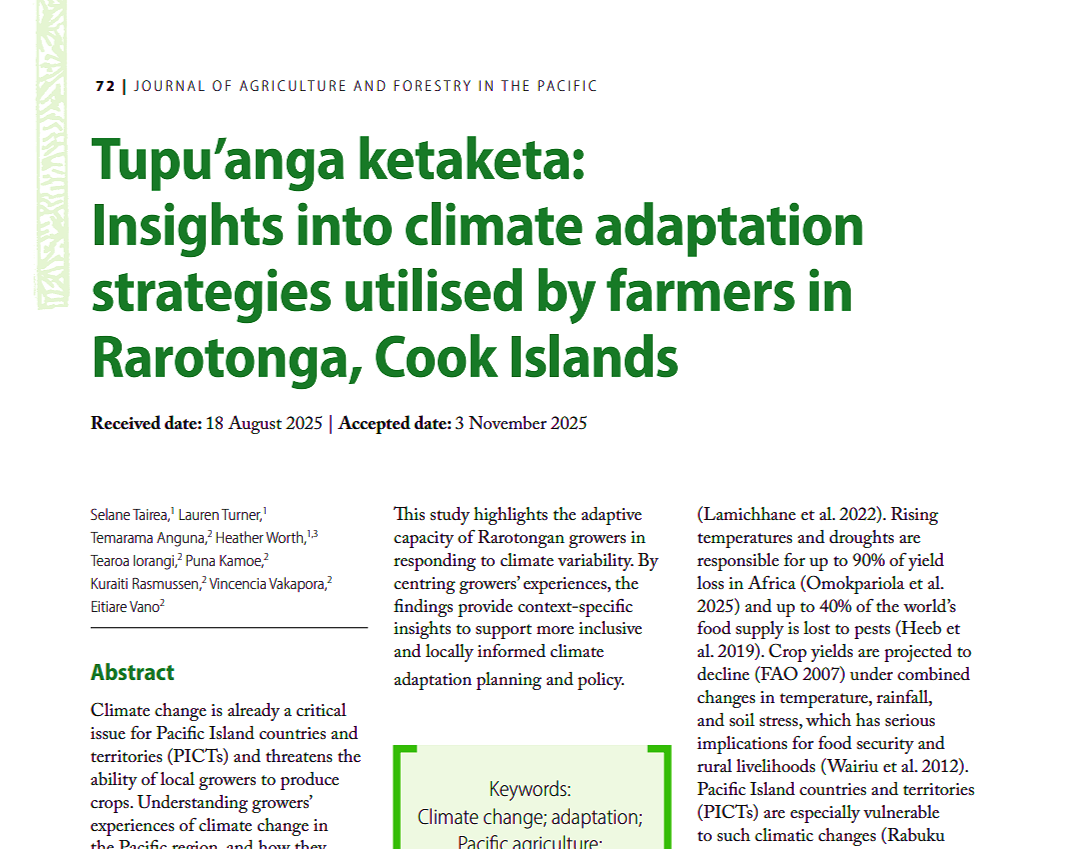 This study analyses adaptation
strategies that are used by growers in
Rarotonga, Cook Islands, using data
from a survey that was conducted
by PHOAFS Regional Research
Agenda partners across multiple
PICTs. 