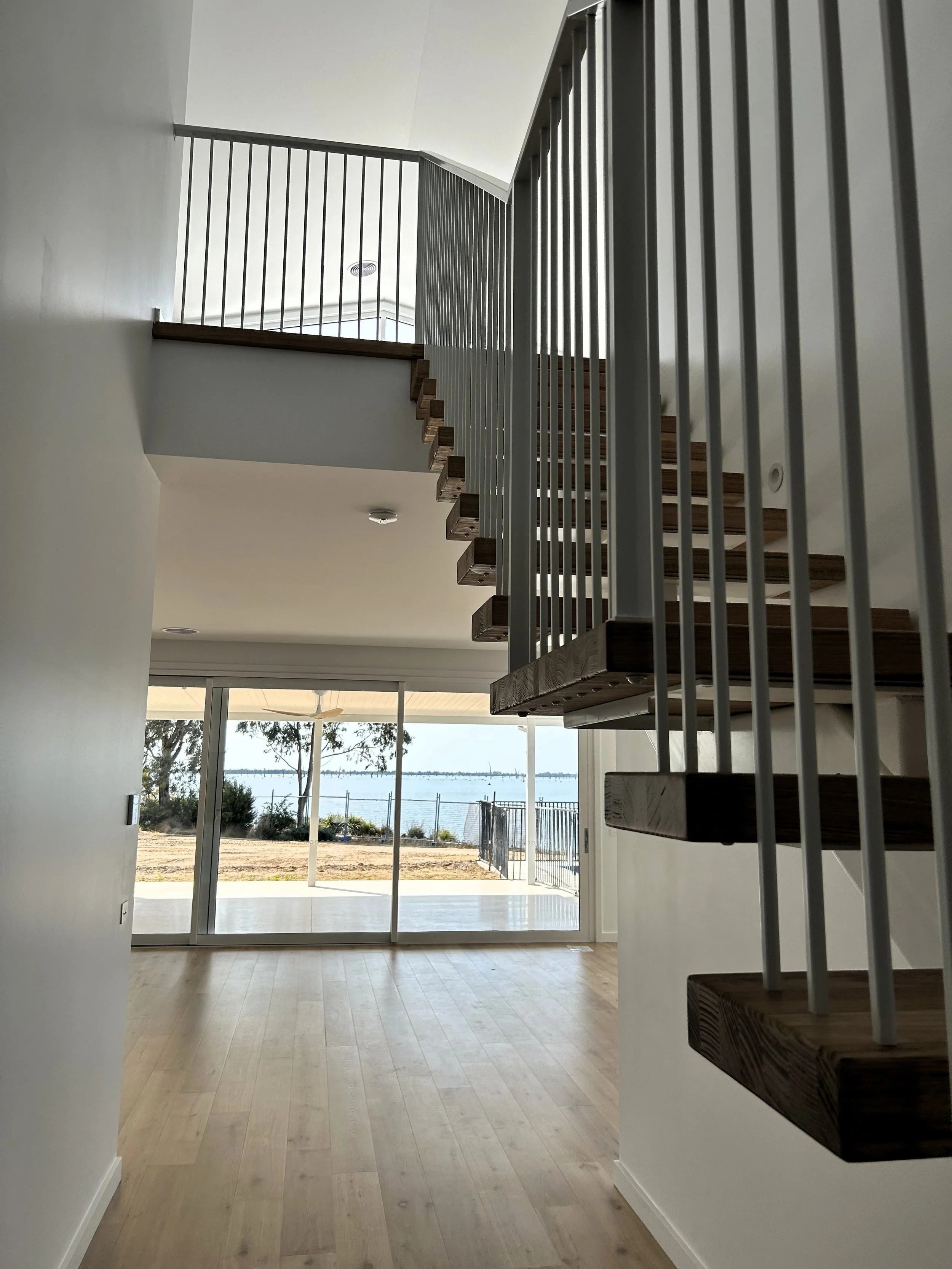 New Home Build Staircase and view of Lake Mulwala