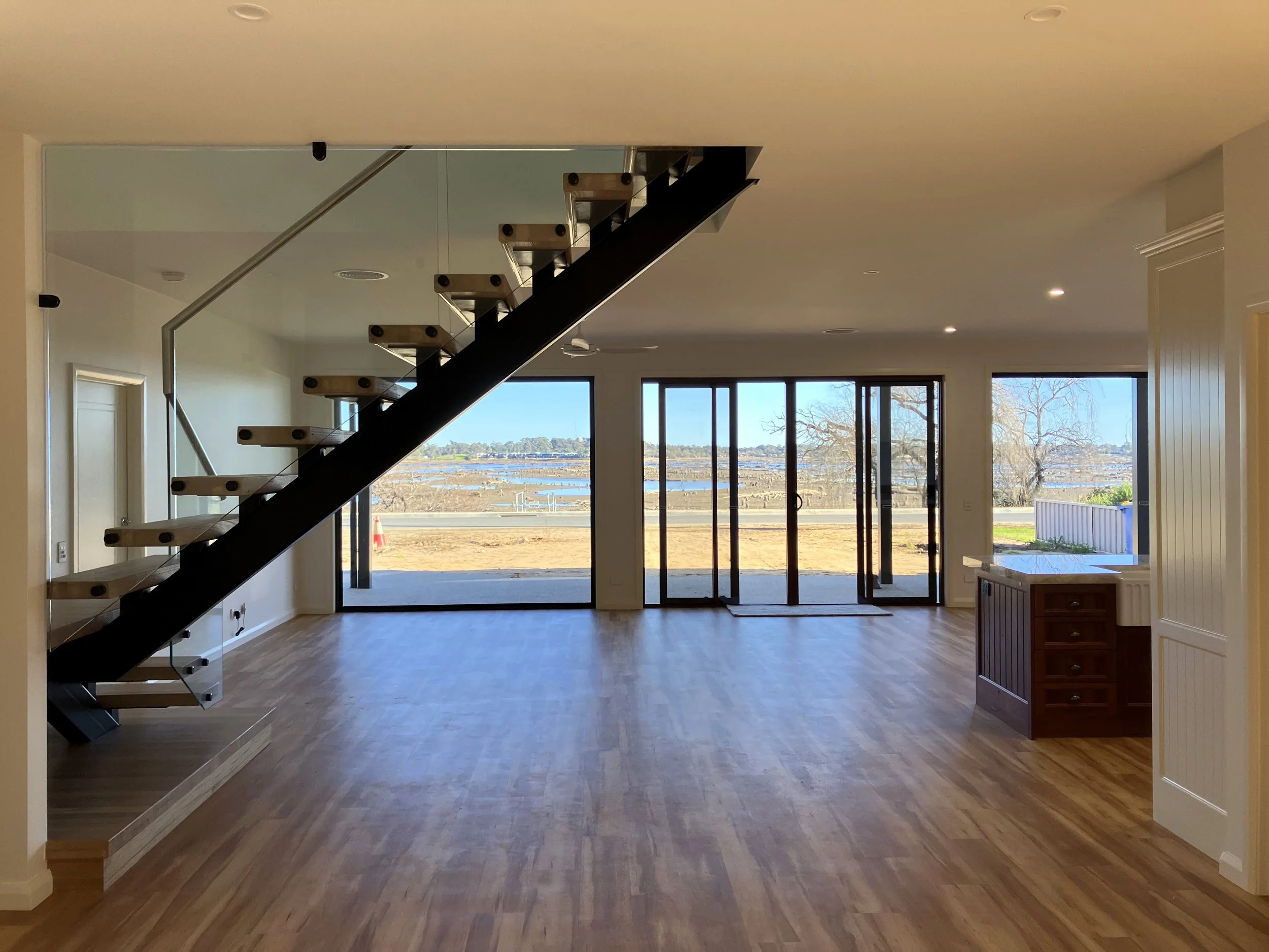 New Home Build Yarrawonga Staircase Looking Out to Lake Mulwala