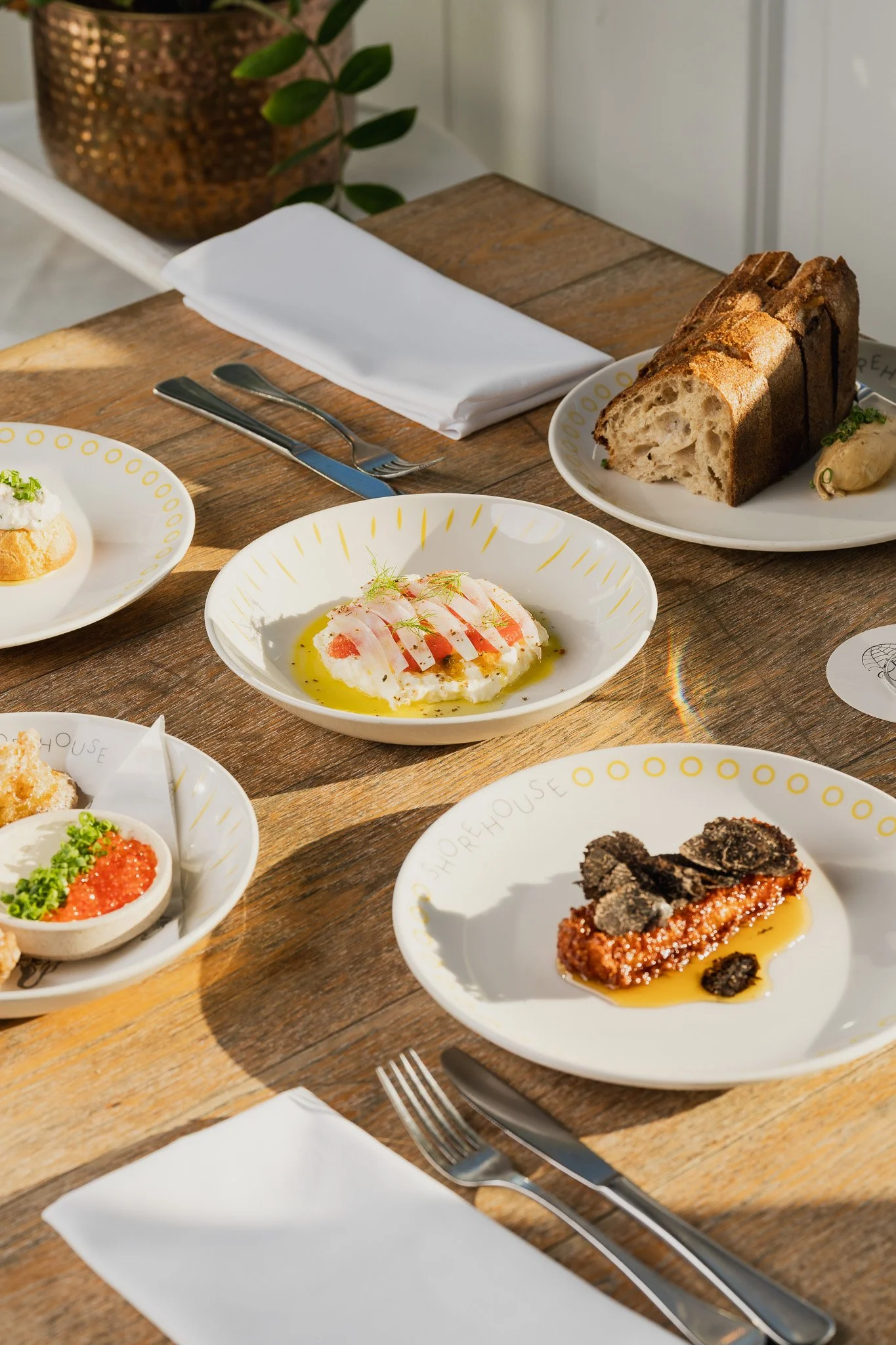 Assorted dishes on a wooden table, including a plate of white fish with herbs, a bread loaf, a dish with sliced meat, and various small appetizers, with silverware, a white napkin, and a potted plant in the background.
