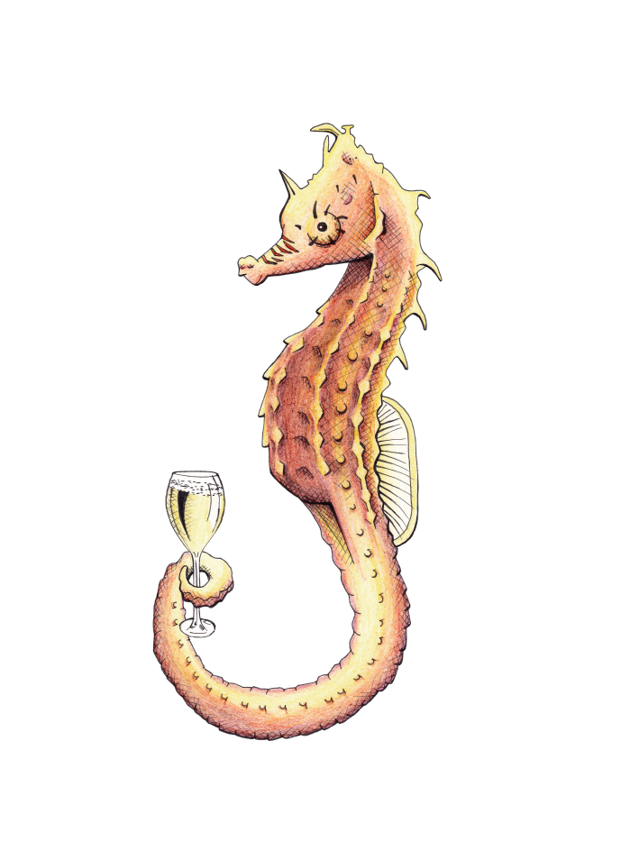 A cartoon seahorse with a cat's face holding a glass of champagne.