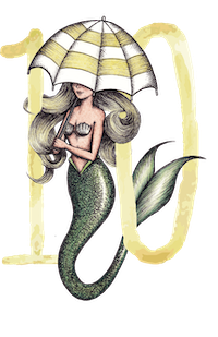 An illustration of a mermaid with long, wavy blonde hair holding a yellow and white striped umbrella, sitting among large leaves.