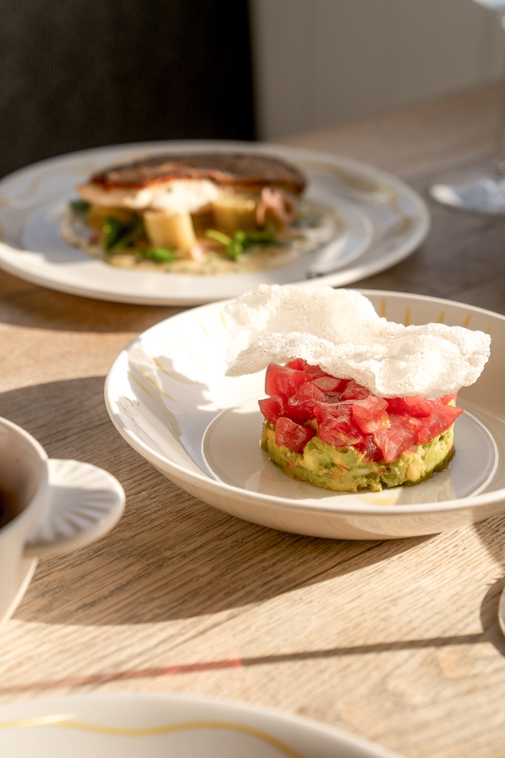 Close-up of a tortilla with diced tomatoes and guacamole on a white plate.