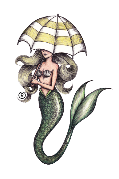 Illustration of a mermaid with long flowing hair holding an umbrella, with a fish tail and a leaf in the background.