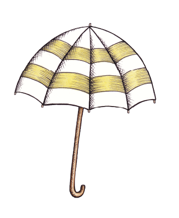 Illustration of a yellow and white striped umbrella with a curved brown handle.