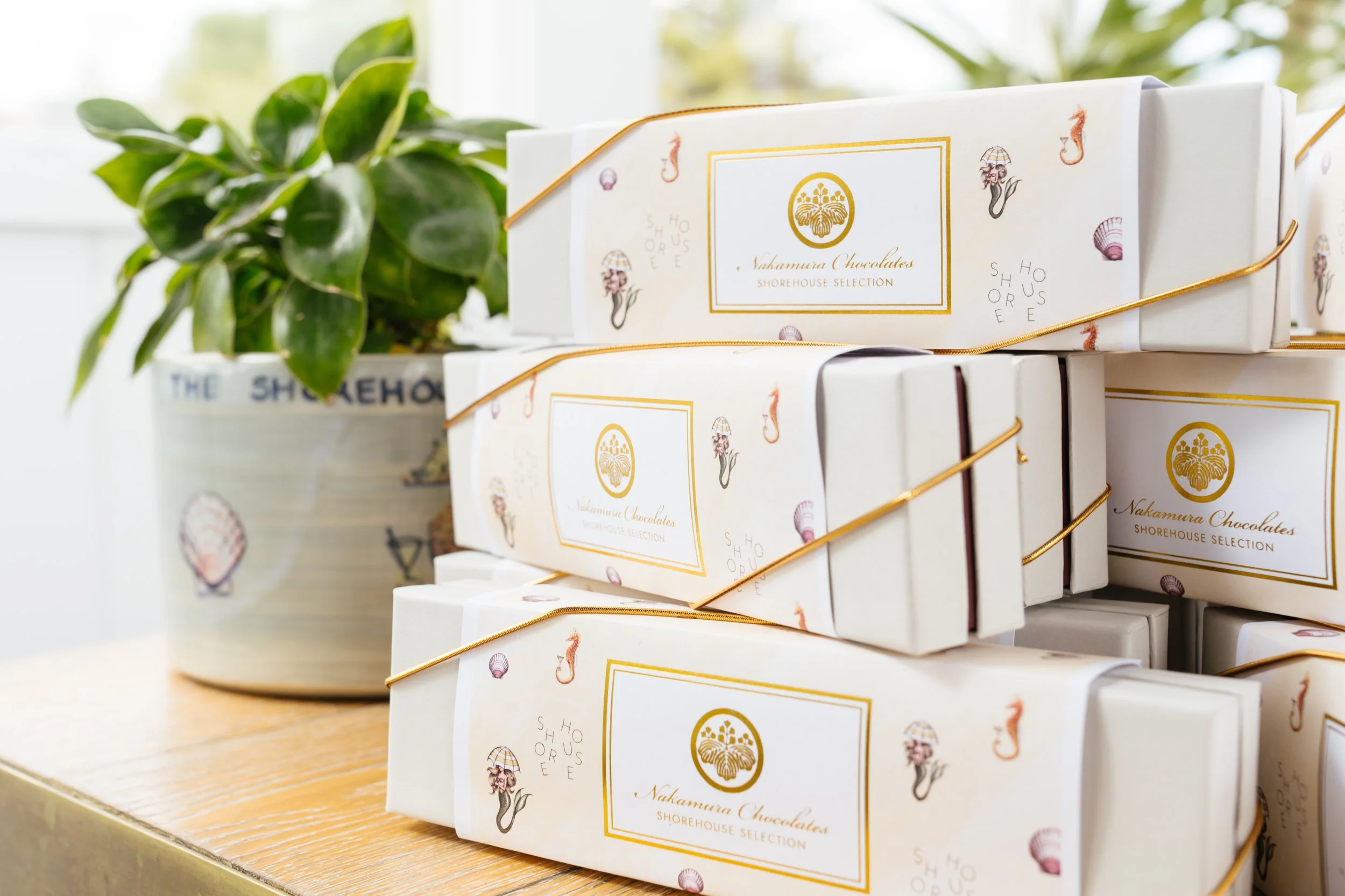Stacks of white chocolate boxes labeled Nakamura Chocolates, Shorehouse Selection, decorated with small illustrations of seashells, seahorses, and umbrellas on a wooden table with a leafy green plant in the background.