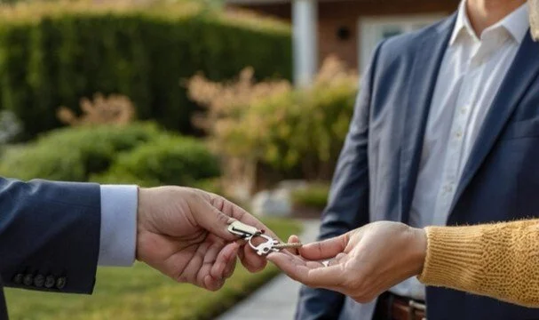 agent exchanging keys to the home buyer