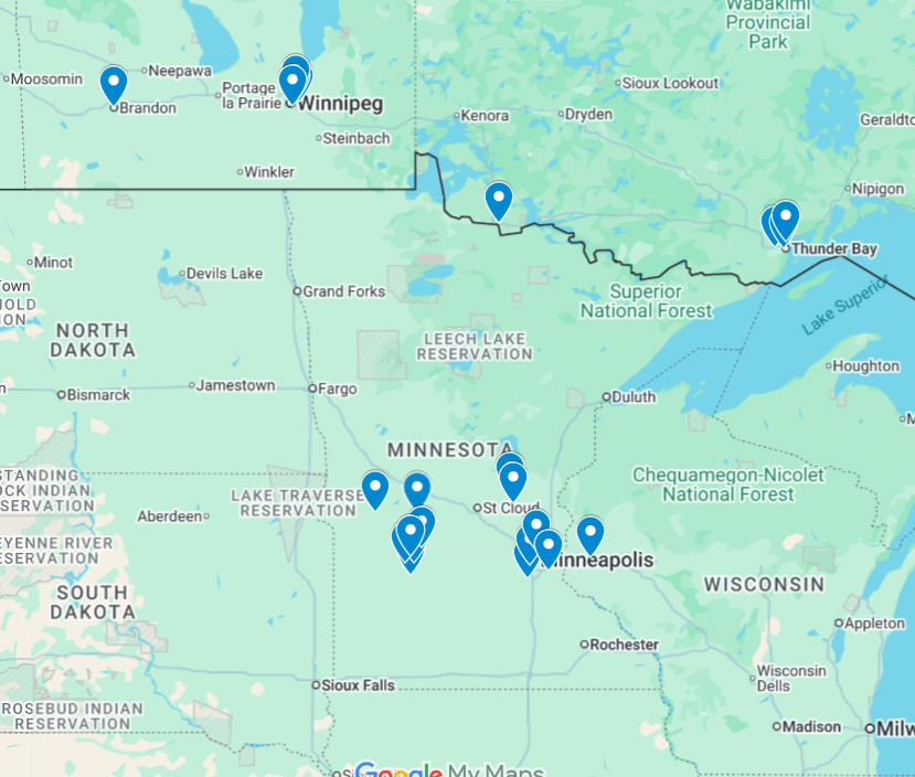 Map showing locations in Minneapolis, Minnesota, and nearby areas, with markers indicating points of interest or destinations.