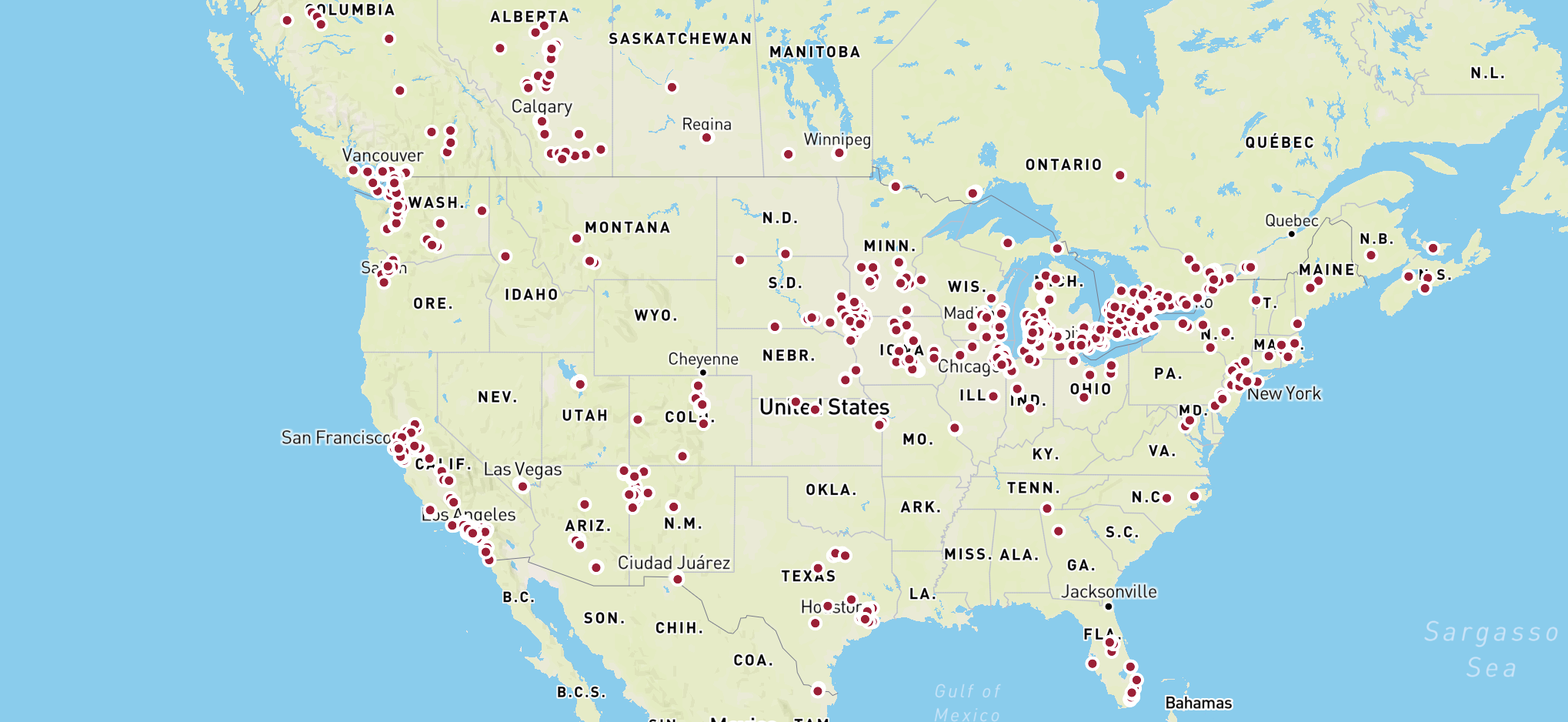 Map of the United States showing numerous profile points across the country, indicating locations with red dots.