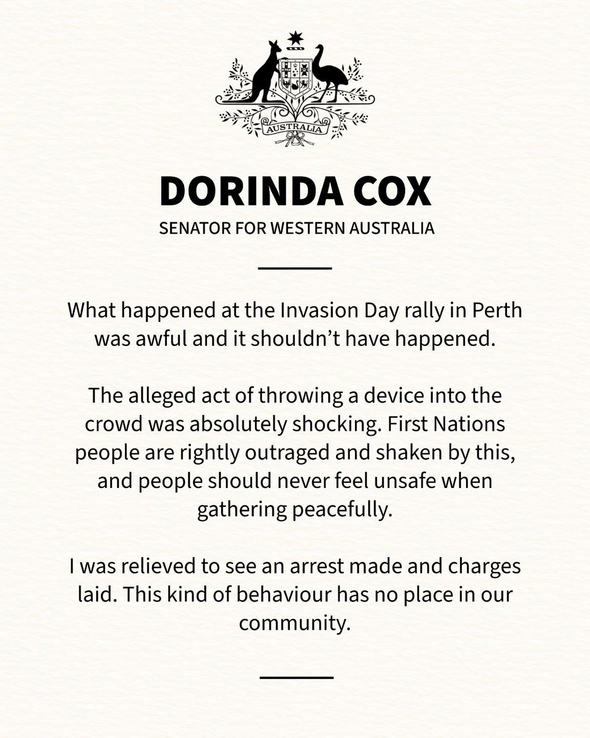 What happened at the Invasion Day rally in Perth was awful and it shouldn&rsquo;t have happened.

The alleged act of throwing a device into the crowd was absolutely shocking. First Nations people are rightly outraged and shaken by this, and people sh