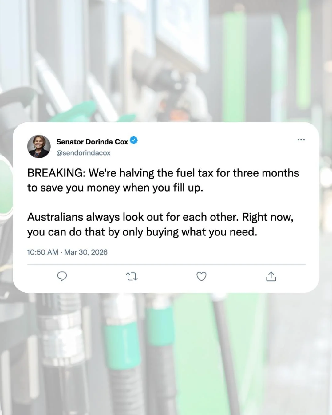 We&rsquo;re halving the fuel tax! ⛽️

Global uncertainty is pushing up prices here at home and I know Australians are feeling it.

So we're doing what Australians do. Step up and look after each other. 

Whether it&rsquo;s getting to work or the scho