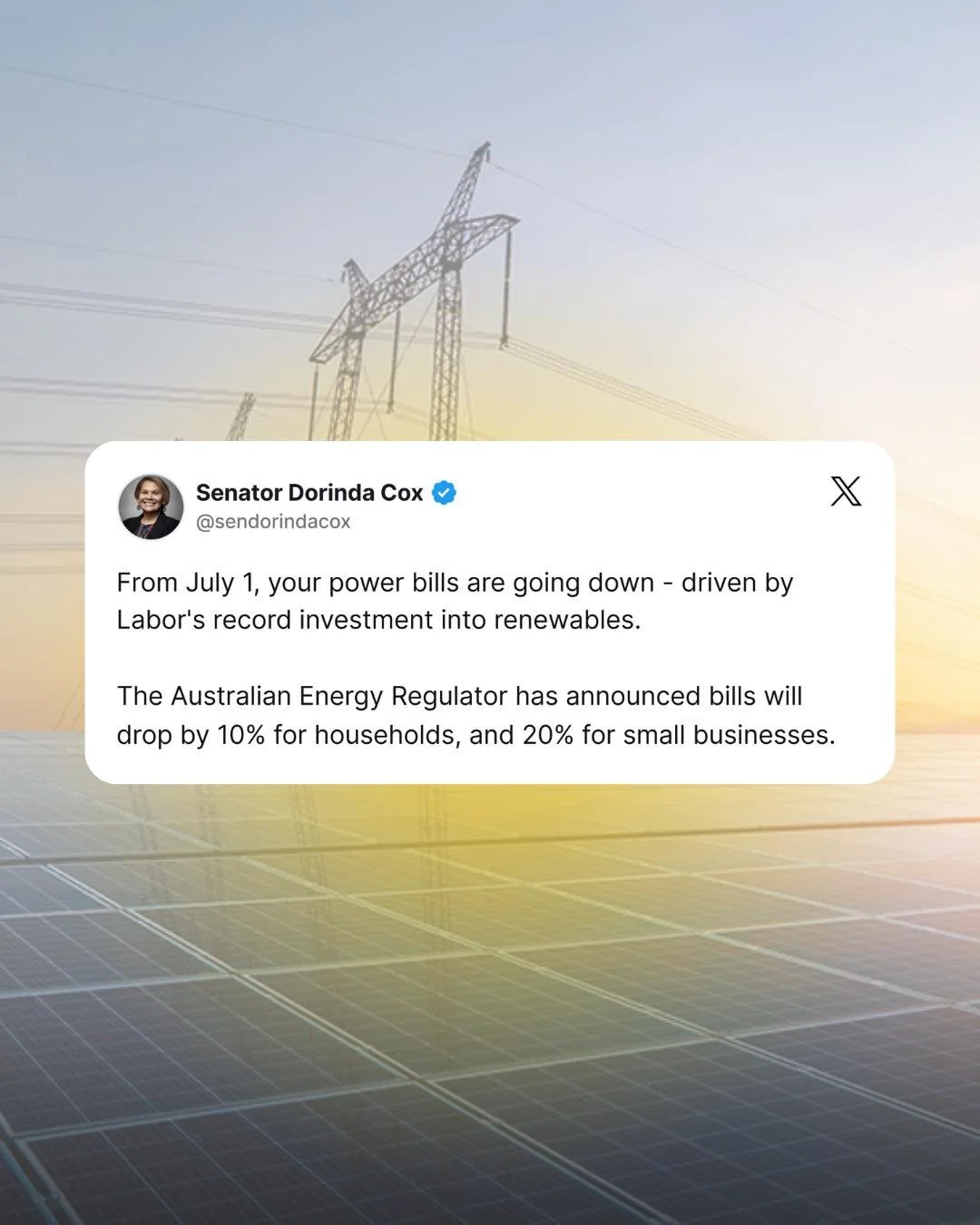 Power bills are going down - because Labor&rsquo;s investing in cheaper, cleaner renewable energy. ⚡

New figures show prices set to drop by up to 10% for households and 20% for small businesses, while we crack down on unfair fees and price hikes fro