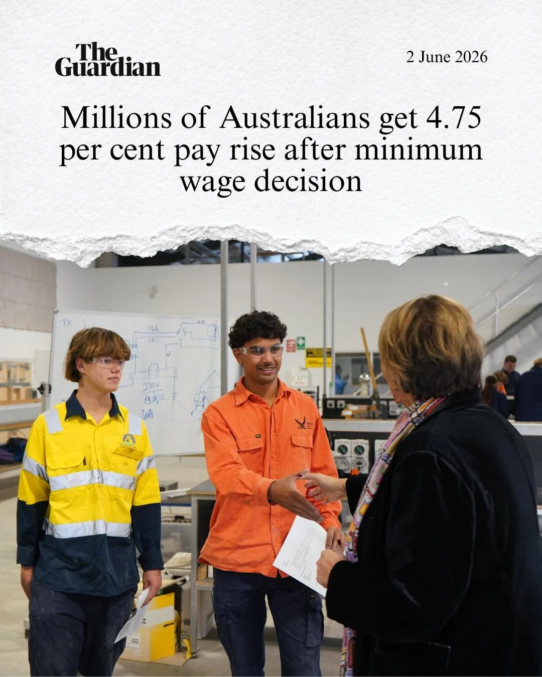 A win for workers. 

From July 1, millions of Australians will receive a 4.75 per cent pay rise, taking the National Minimum Wage above $1,000 a week for the first time ever. 

While Labor backed a real wage increase for workers, the Liberals and One