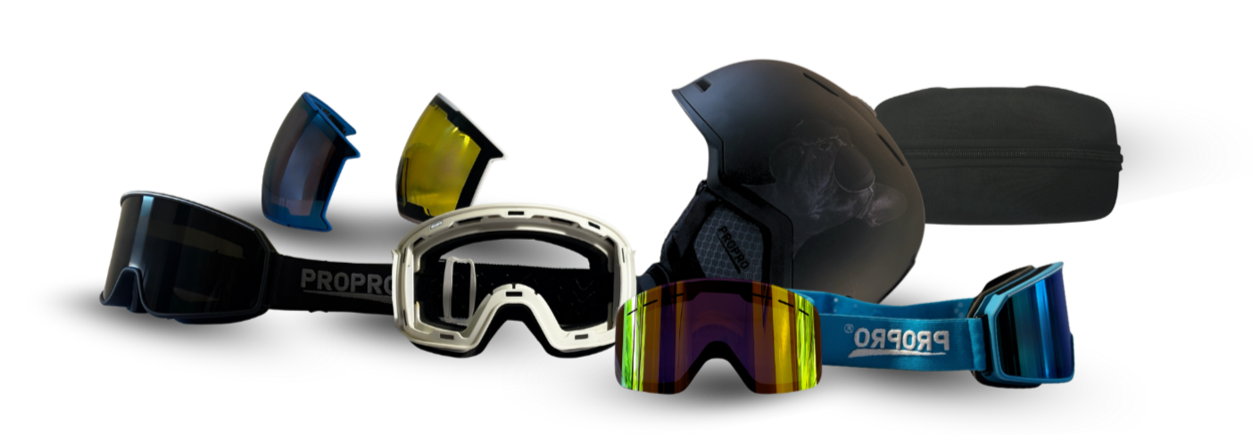 A collection of propro goggles, including DUO, Sleek and bold;  and a helmet, including different styles and colours, with hardshell travel case in the background.