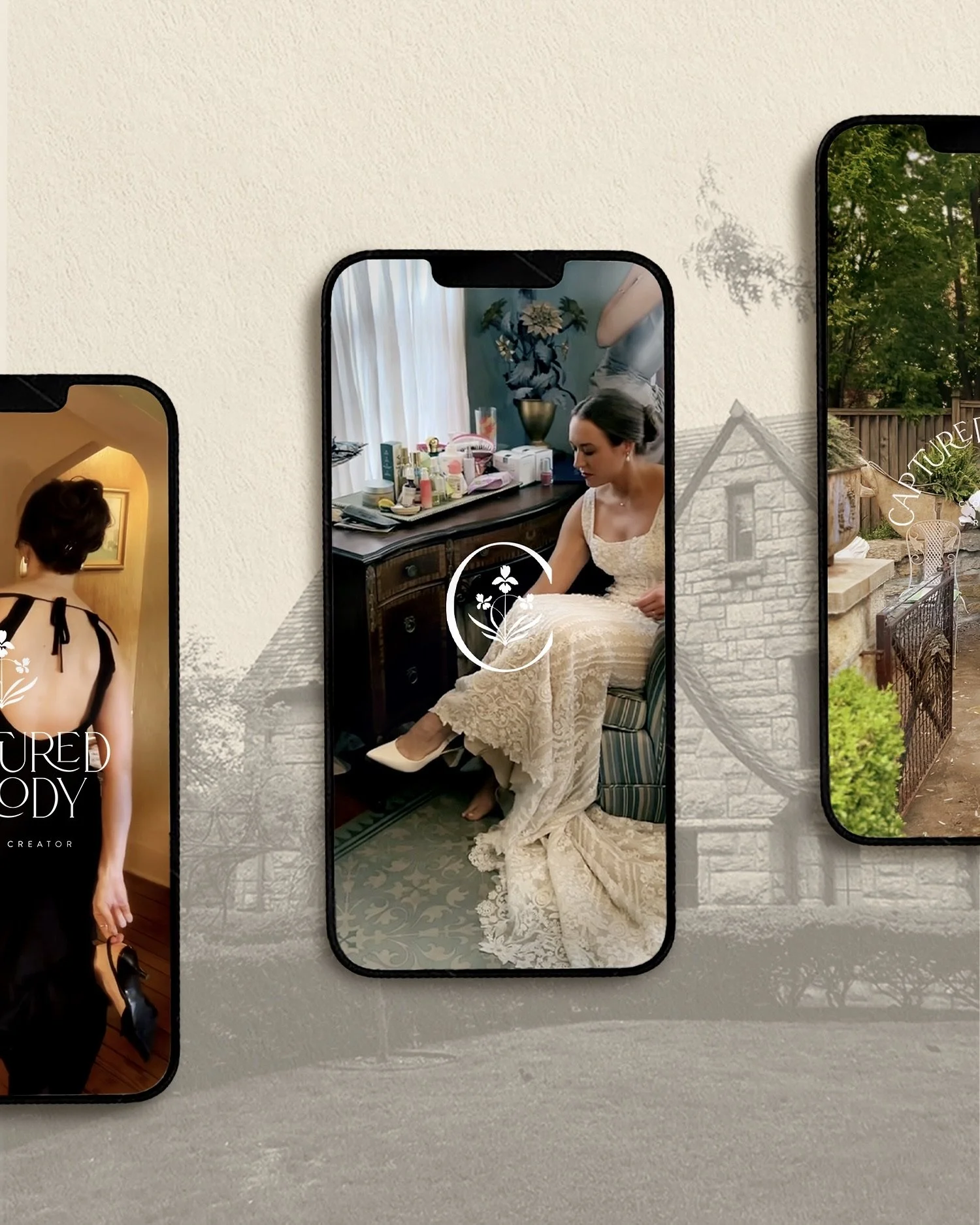 Three smartphones displaying different images, with the central phone showing a woman getting ready, sitting on a chair, in a lace wedding dress, having her shoe adjusted.