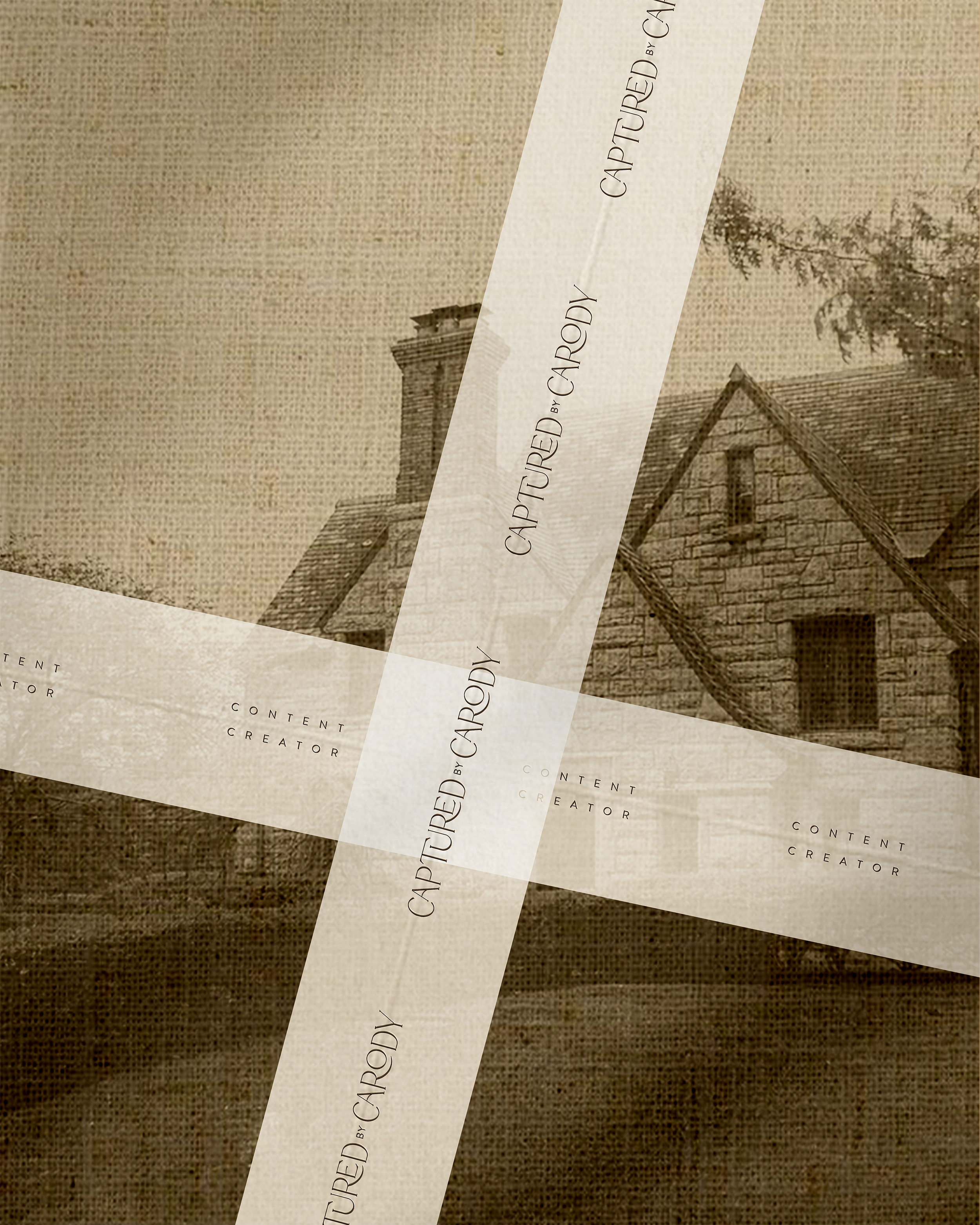 Sepia-toned photograph of an old stone building with a gabled roof and chimney, partly obscured by overlaying transparent film with text.