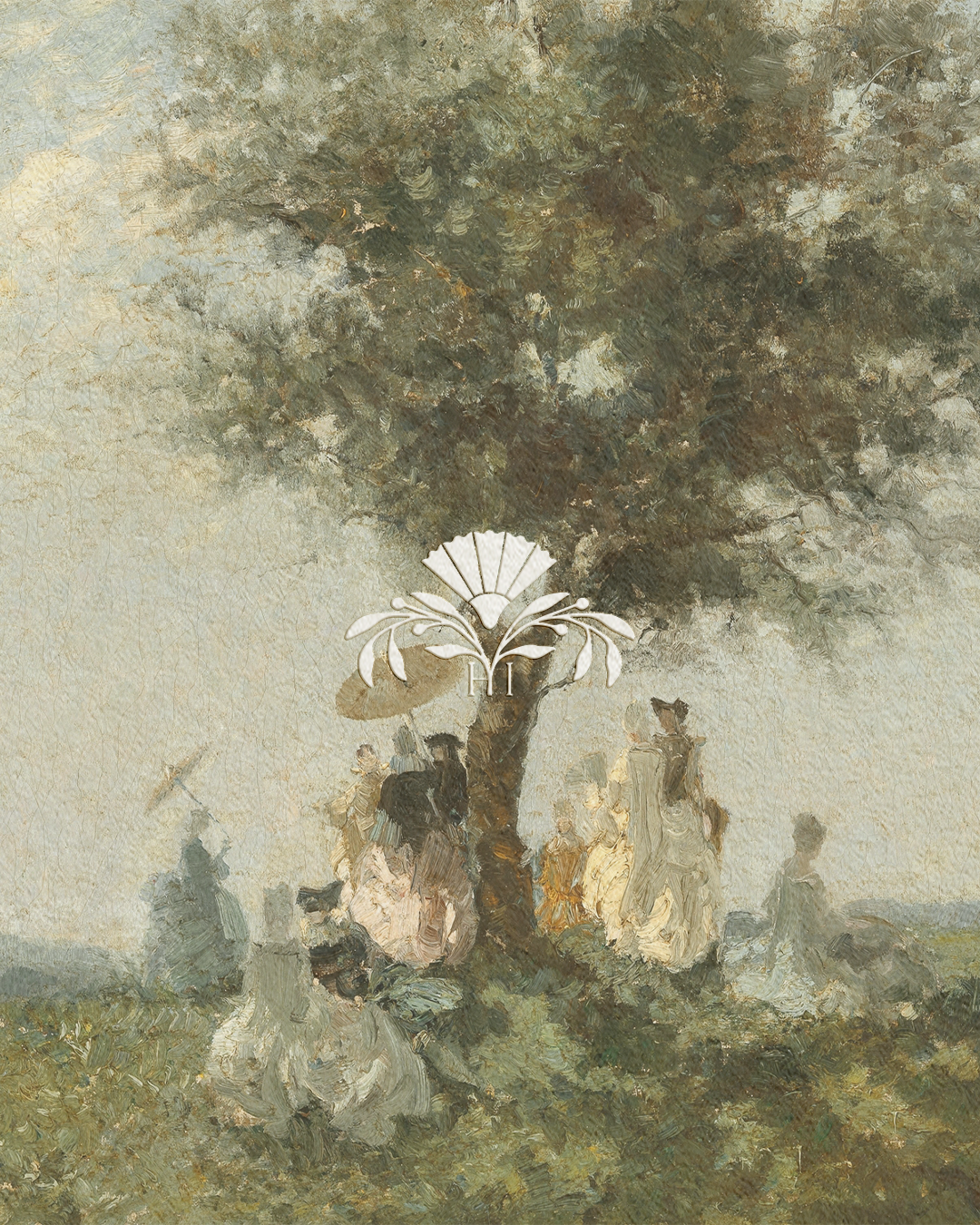 A painting of people walking and gathering under a large tree with green foliage, featuring historical attire from the 18th or 19th century, with a decorative emblem or logo at the center.