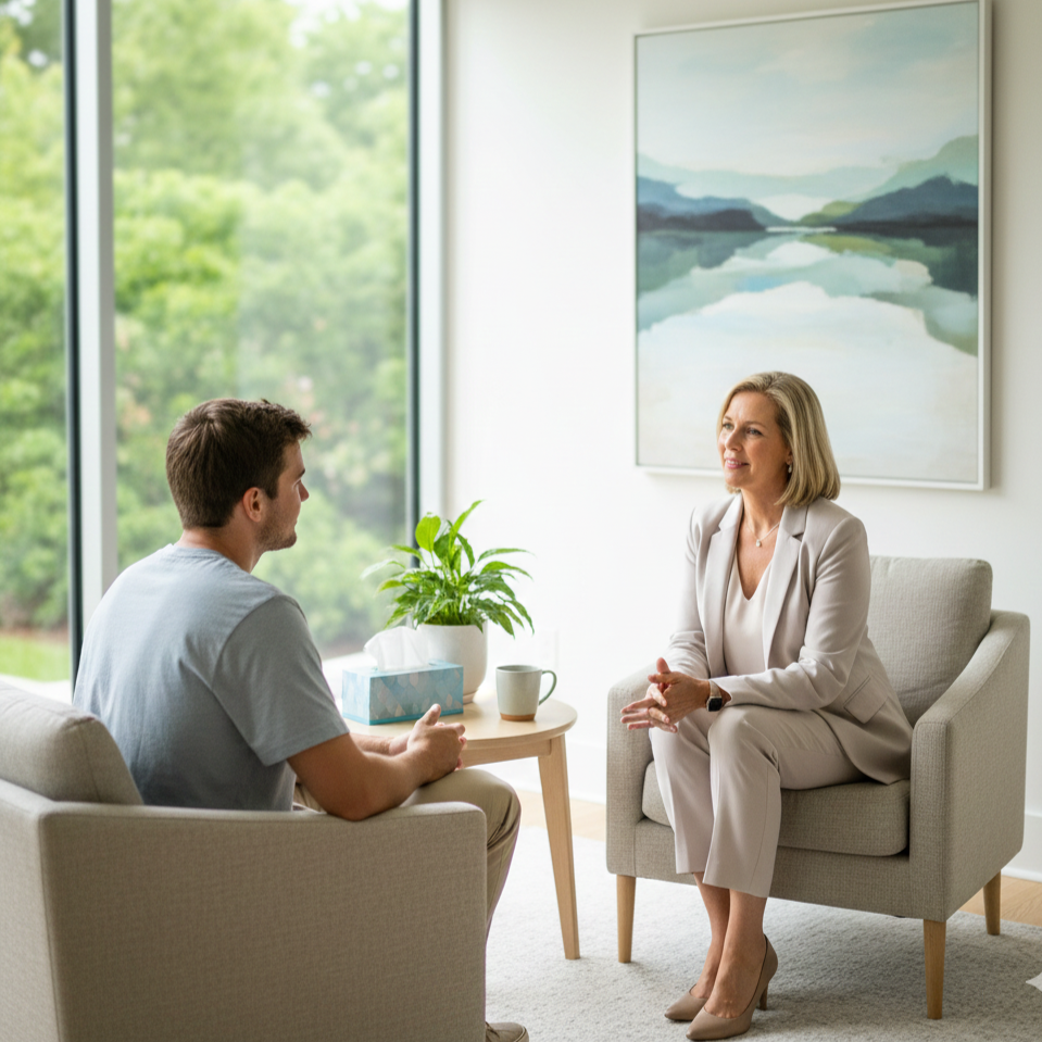 A woman and a man sitting and talking in a therapy or counseling session in a bright, modern office with large windows, a plant, and a landscape painting on the wall.