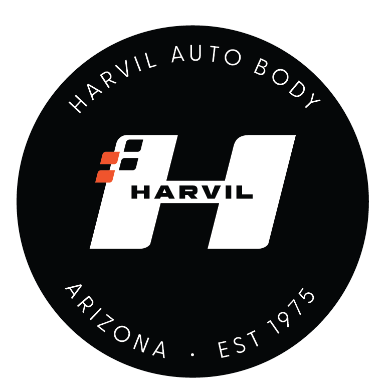 Harvil Auto Body logo with a large stylized letter H and the name Harvil, surrounded by text reading Harvil Auto Body, Arizona, and Est 1975, on a black background.
