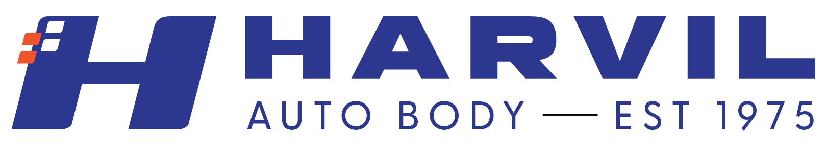 Logo of Harvil Auto Body featuring a stylized blue letter 'H' with red accents, the company name in bold blue letters, and the text 'Auto Body Est 1975'.