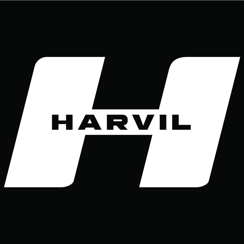 Harvil logo with stylized letter H in black and white.