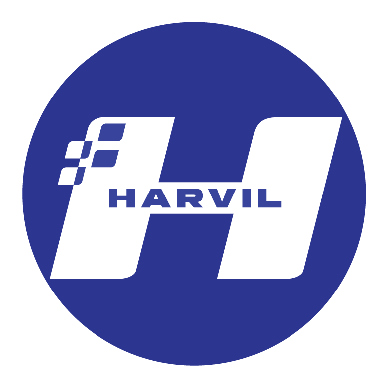 Harvil logo with a blue circle background, black stylized letter H with checkered flag pattern, and the word "HARVIL" in blue