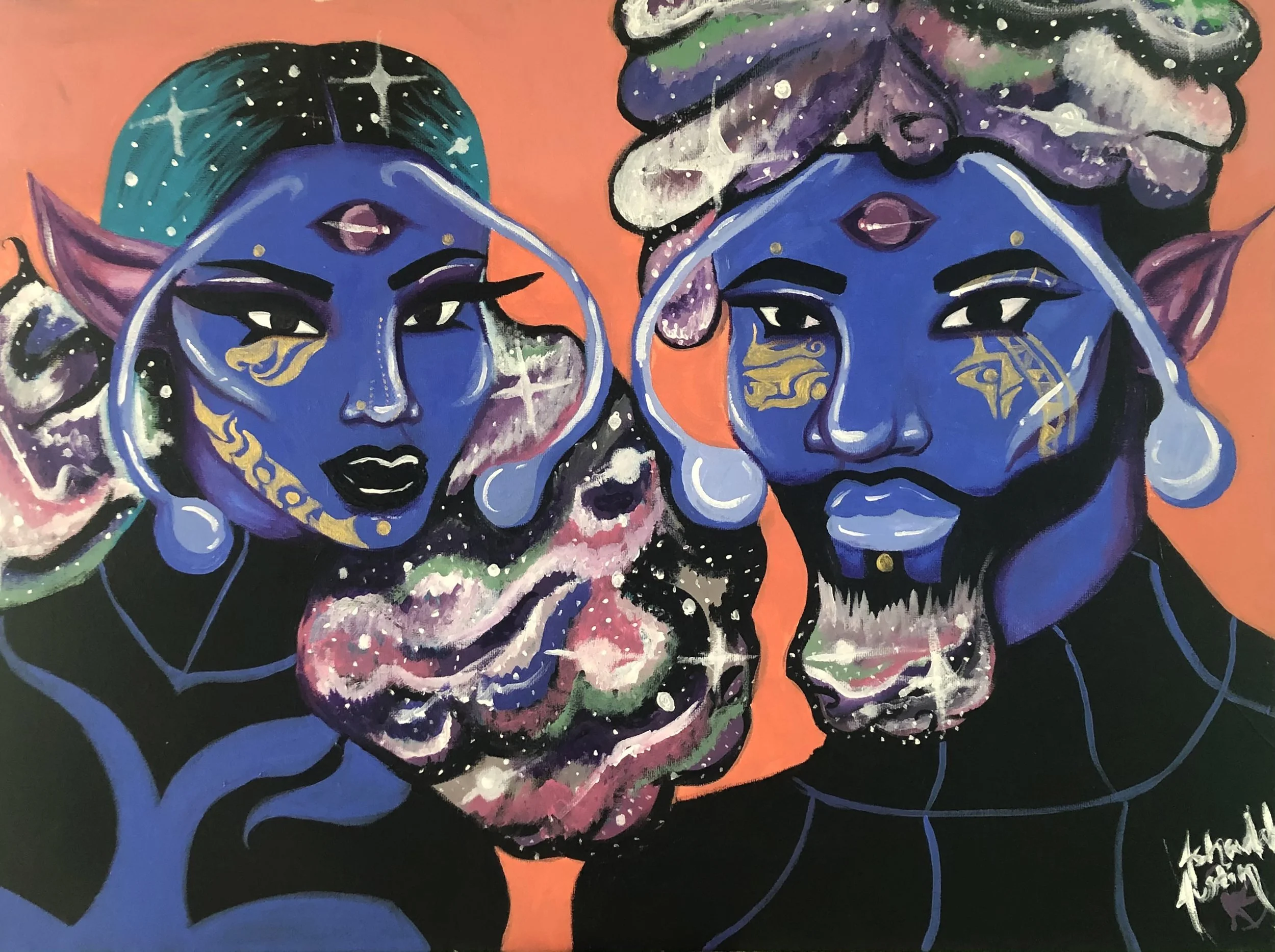 A colorful painting of two celestial beings with blue skin, starry eyes, and gold tribal tattoos on their faces. They have elf-like ears, and cosmic hair filled with galaxies and nebulae. The background is orange.