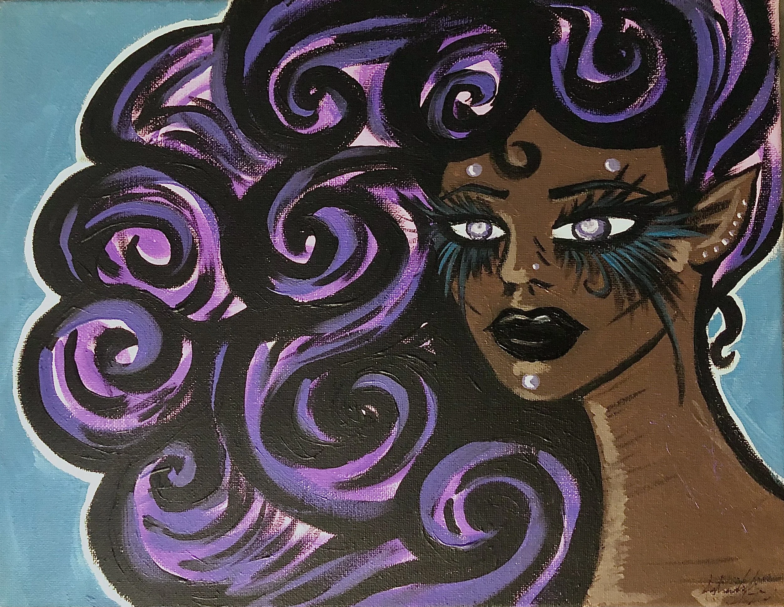 A stylized painting of a woman with dark skin and long, swirling purple and black hair. She has glowing purple eyes, dark makeup, and elf-like ears with multiple earrings. The background is a solid light blue.