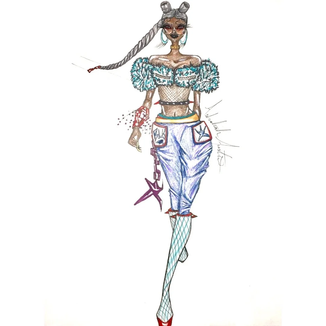 Fashion illustration of a woman with long braided hair, sunglasses, fishnet top, colorful baggy pants with star designs, fishnet stockings, red shoes, and accessories like earrings, choker, and bracelet, holding a purple trident.