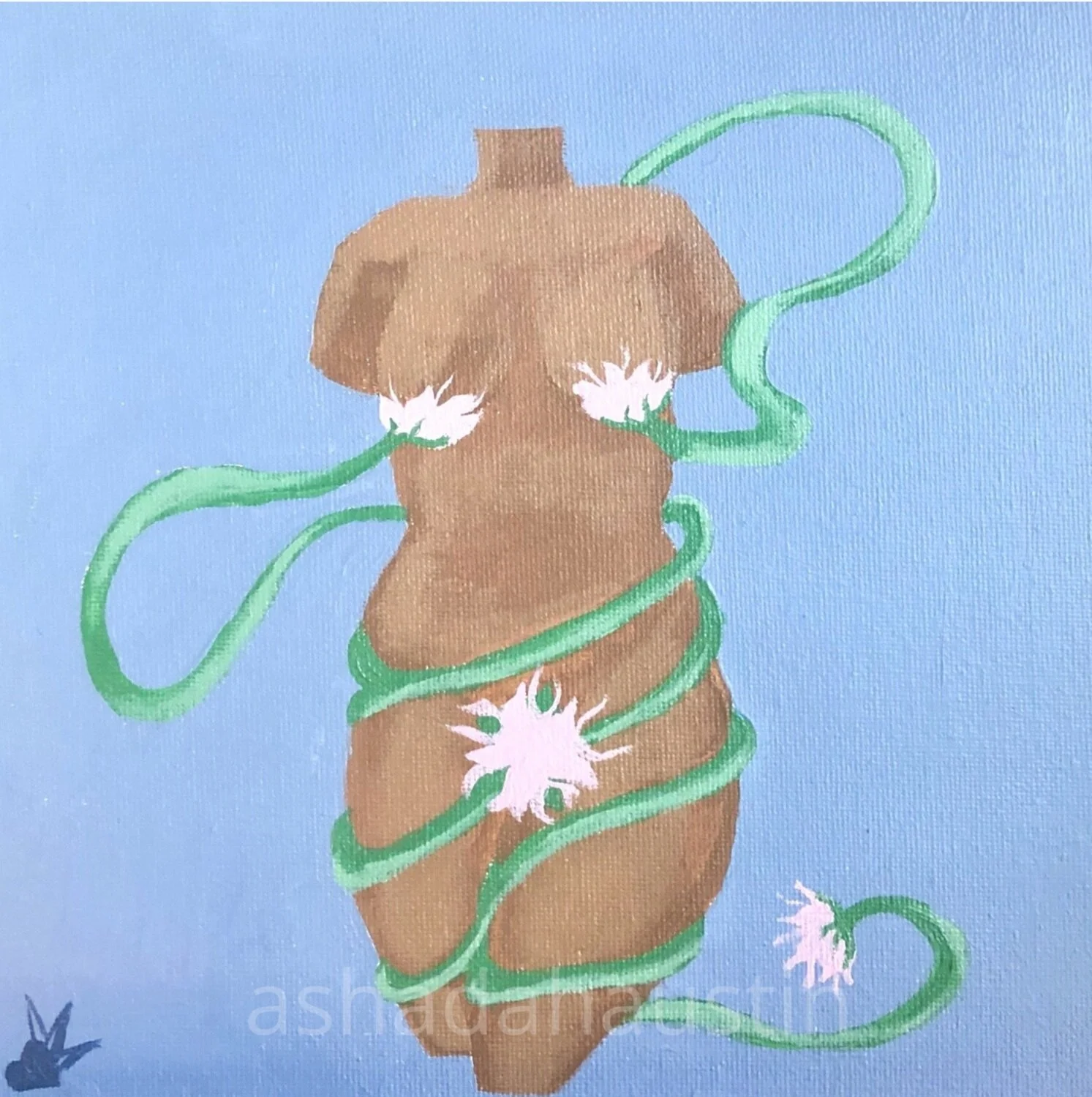 A painting of a human torso wrapped in green vine with white flowers, set against a blue background.