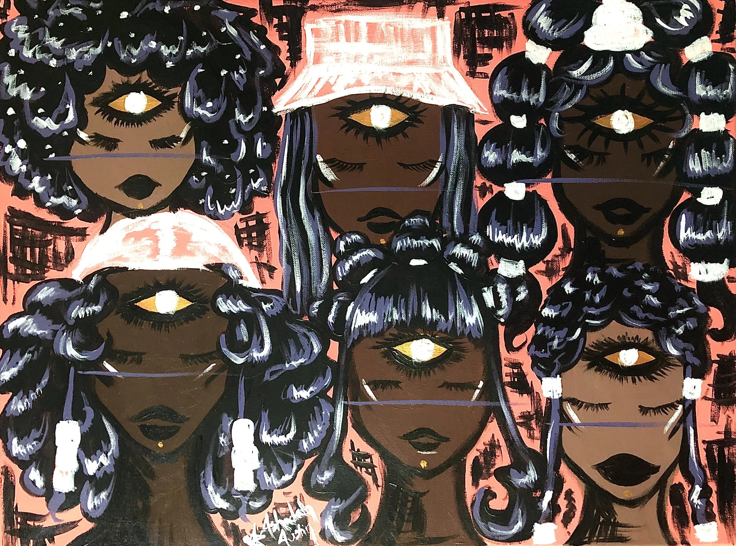 Illustration of six women with dark skin, closed eyes, and exaggerated facial features, each with distinct blue and purple curly hair styled in various buns and braids, and with glowing yellow eyes, set against a pink background with black abstract s