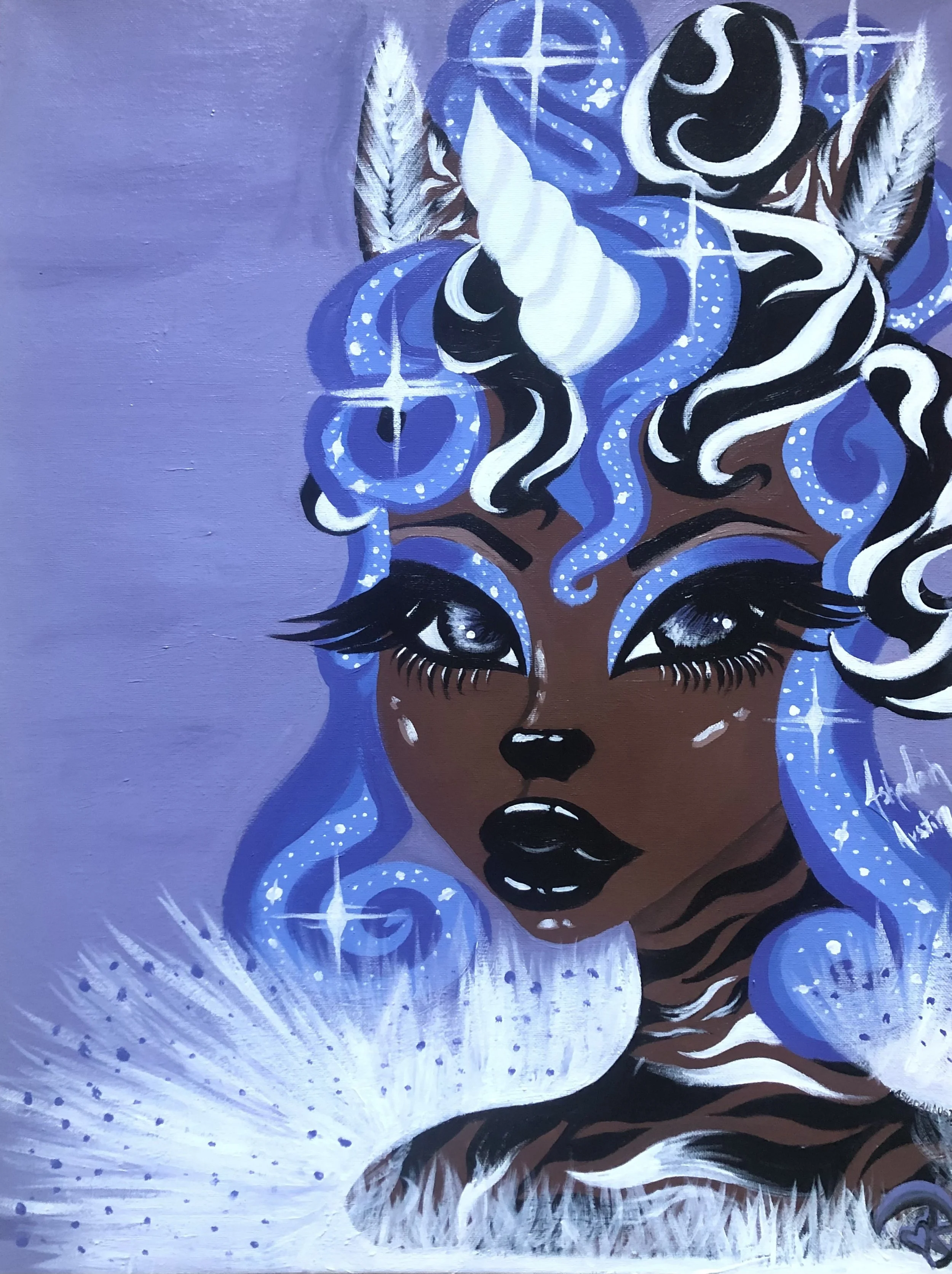 A colorful painting of a stylized female unicorn with dark skin, large expressive eyes, black lips, and detailed blue and black hair with unicorn horns and feathers against a purple background.