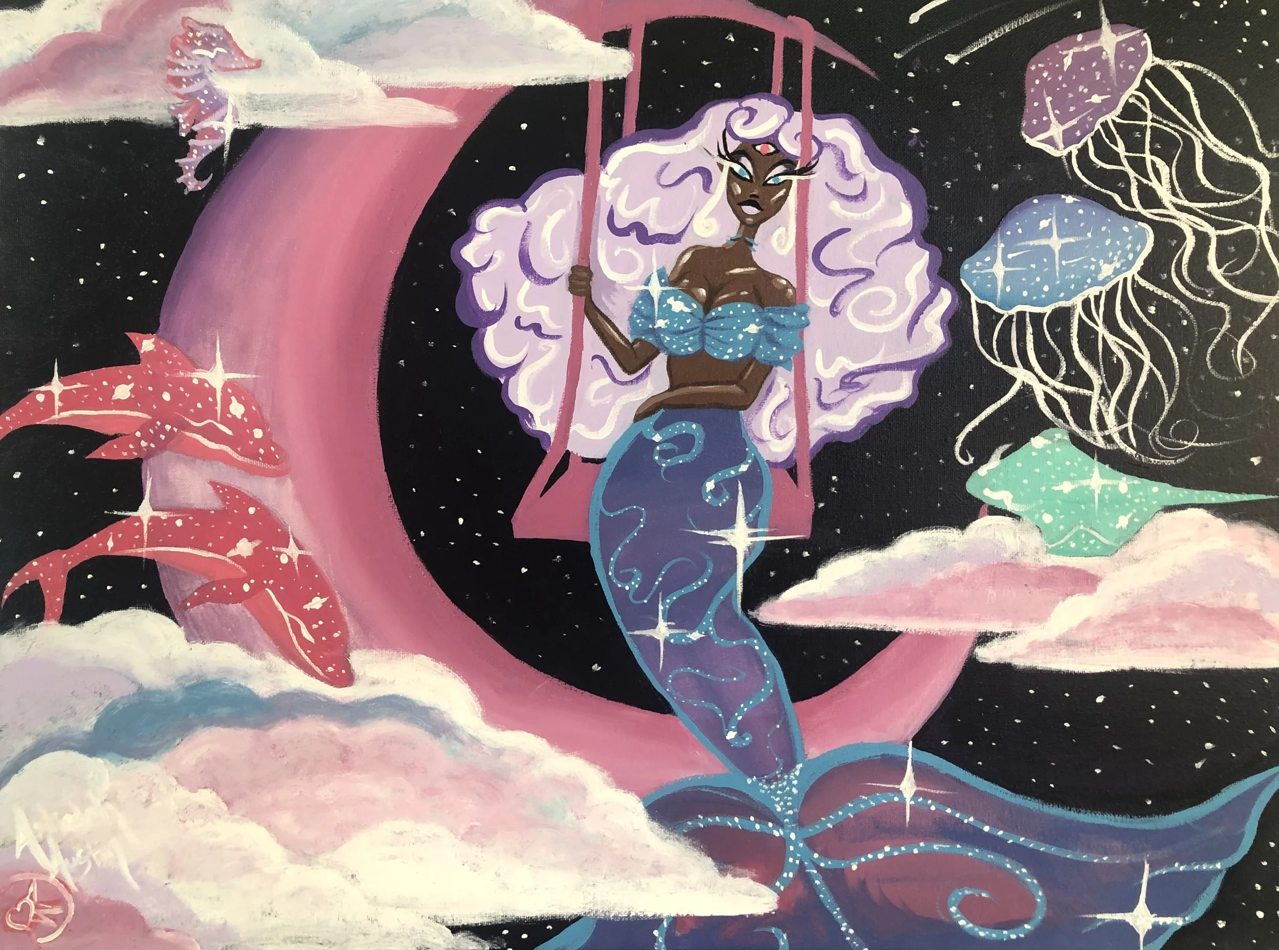 A fantasy illustration of a mermaid with lavender hair on a swing in space, surrounded by glowing jets and stars, with colorful whales and star-shaped creatures floating nearby.