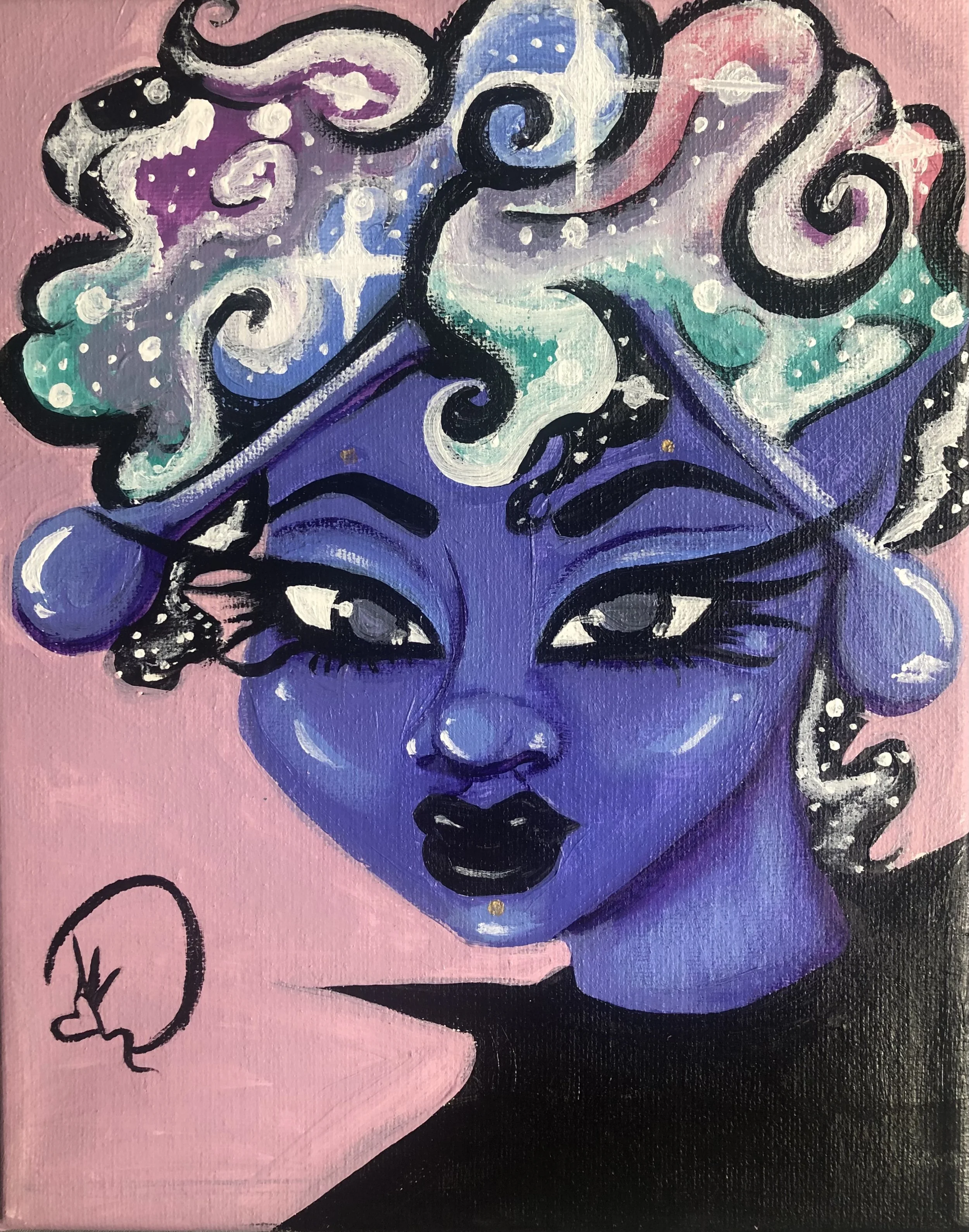 A painting of a stylized woman with purple skin, black lips, and black and white eyes, against a pink background. She has swirling, starry hair with shades of blue, white, and pastels, accented with large purple and white earrings.