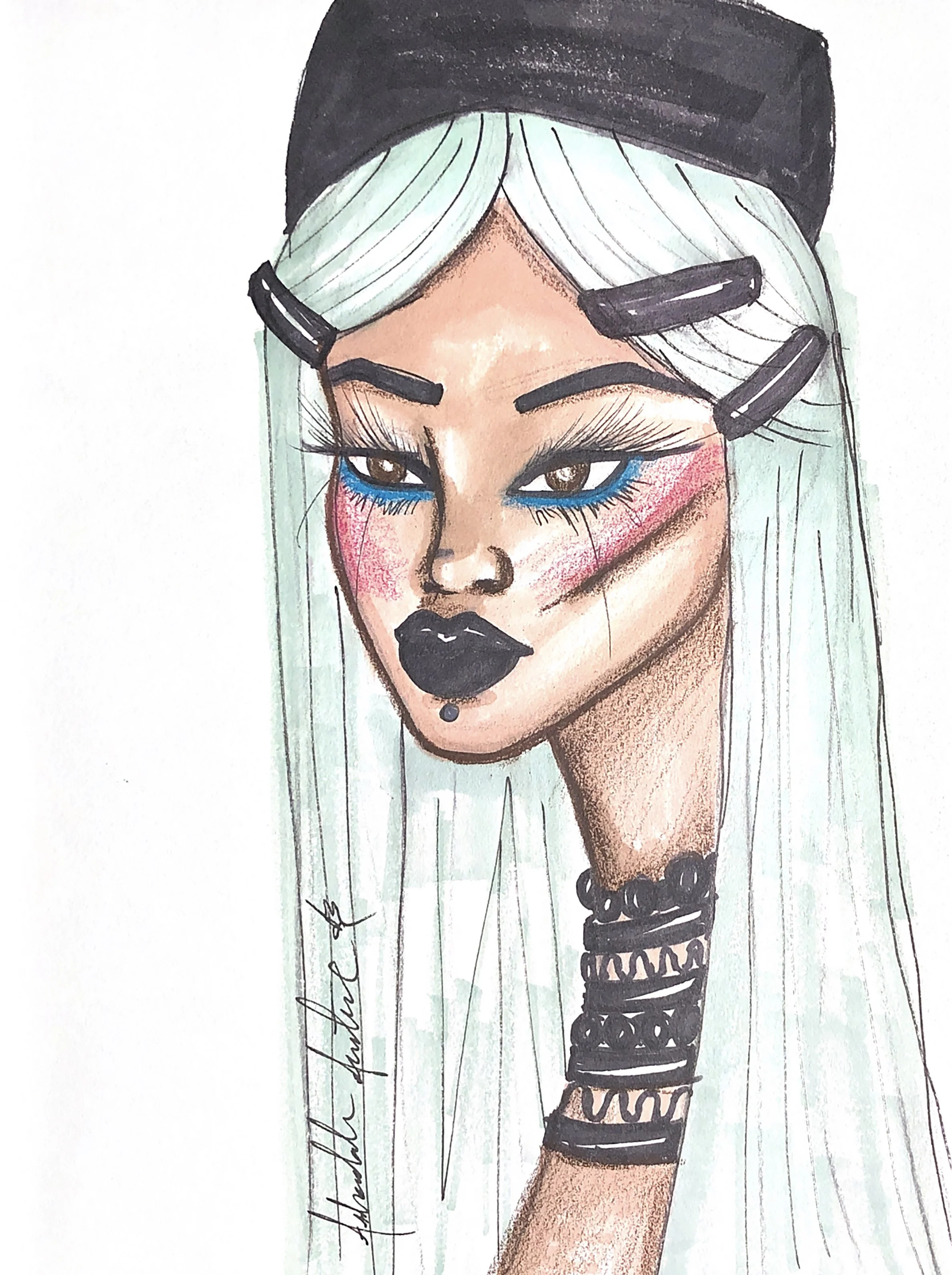 A colorful illustration of a woman with light blue hair, dark lipstick, and bold makeup. She is wearing a black hat, multiple black bracelets, and has a piercing below her lower lip. The woman has a confident expression, with one eye winking and the 
