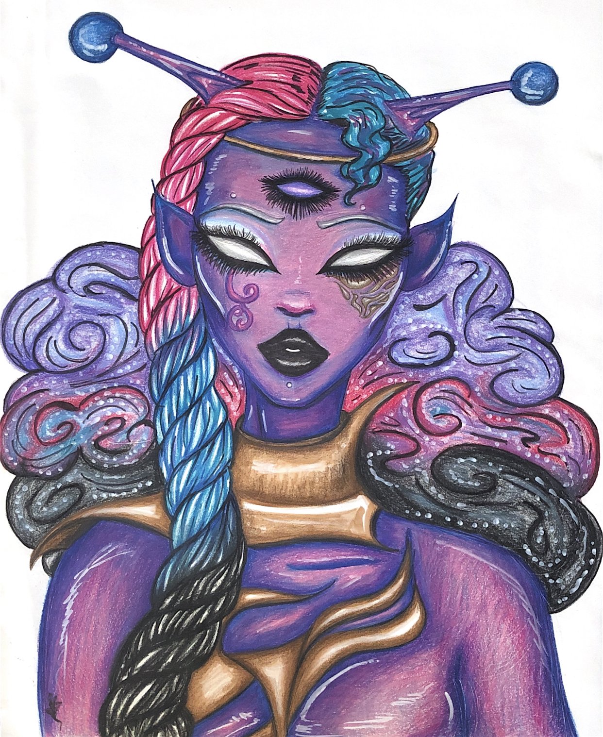 Fantasy art of a purple-skinned alien or mystical creature with three eyes, long dark eyelashes, and colorful braided hair, adorned with cosmic patterns and golden accessories.