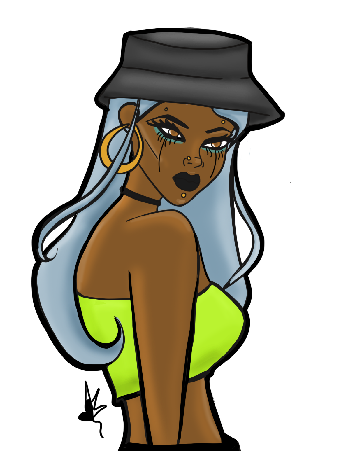 Digital drawing of a woman with light blue hair, wearing a black bucket hat, gold hoop earrings, black choker, and a lime green top, with dark makeup and prominent eyelashes.