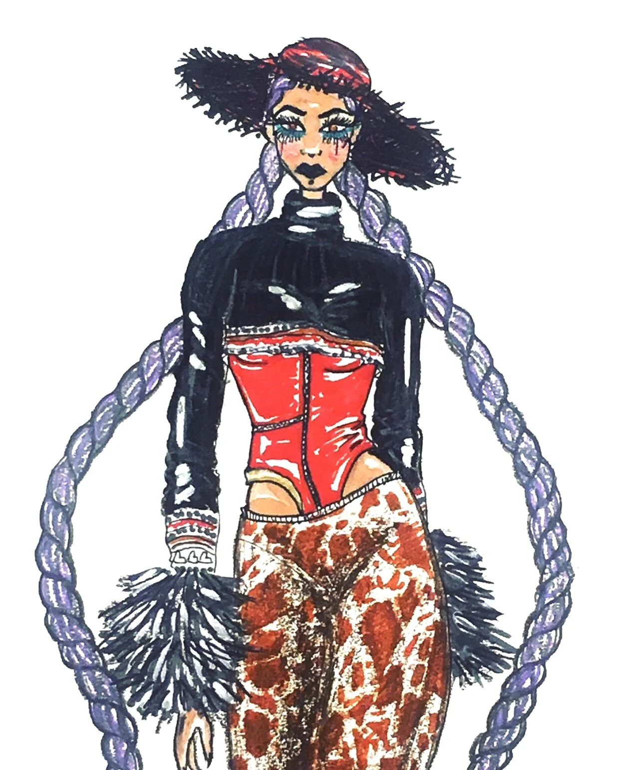 Hand-drawn fashion illustration of a woman wearing a large black hat, purple braided hair, a black and red leather top, and animal print pants. She has bold makeup and gloves.