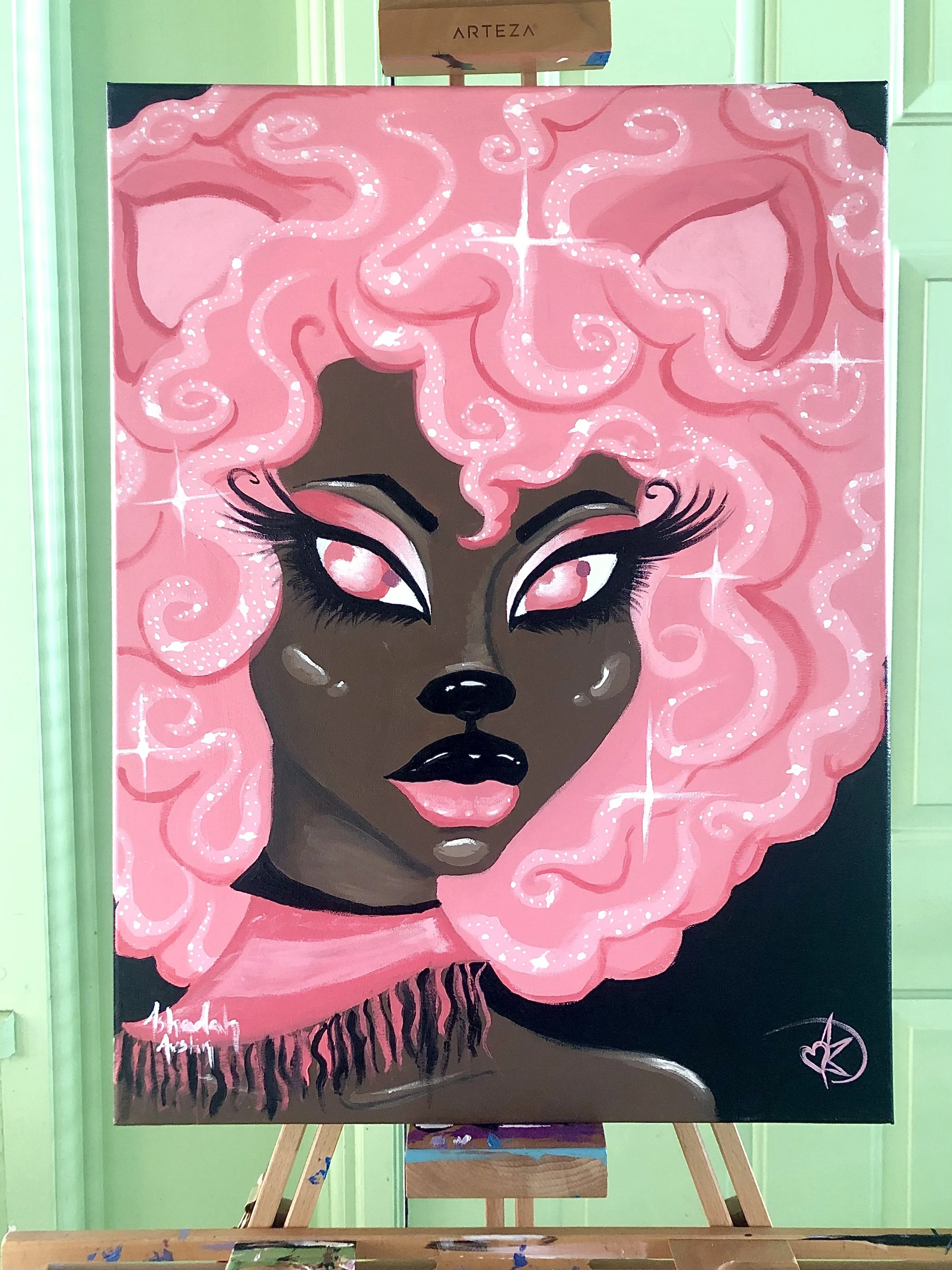 Painting of a woman with dark skin and large pink curly hair, wearing pink eyeshadow and lipstick, with a pink choker and hoodie, on a black background.