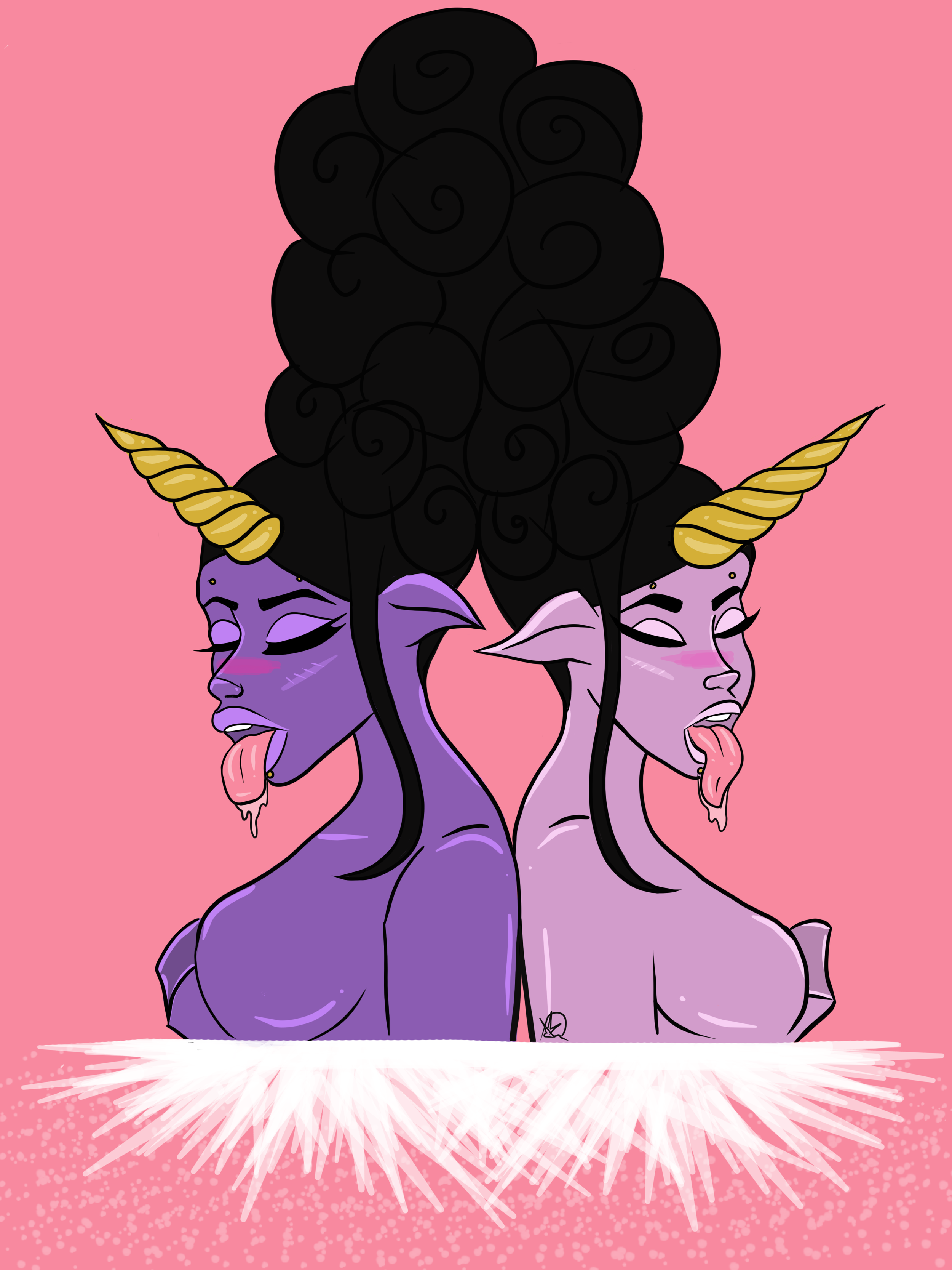 Digital artwork of two purple female demons with gold horns, black hair resembling clouds, sticking out their tongues with dripping saliva, facing away from each other, on a pink background with white sparkles at the bottom.