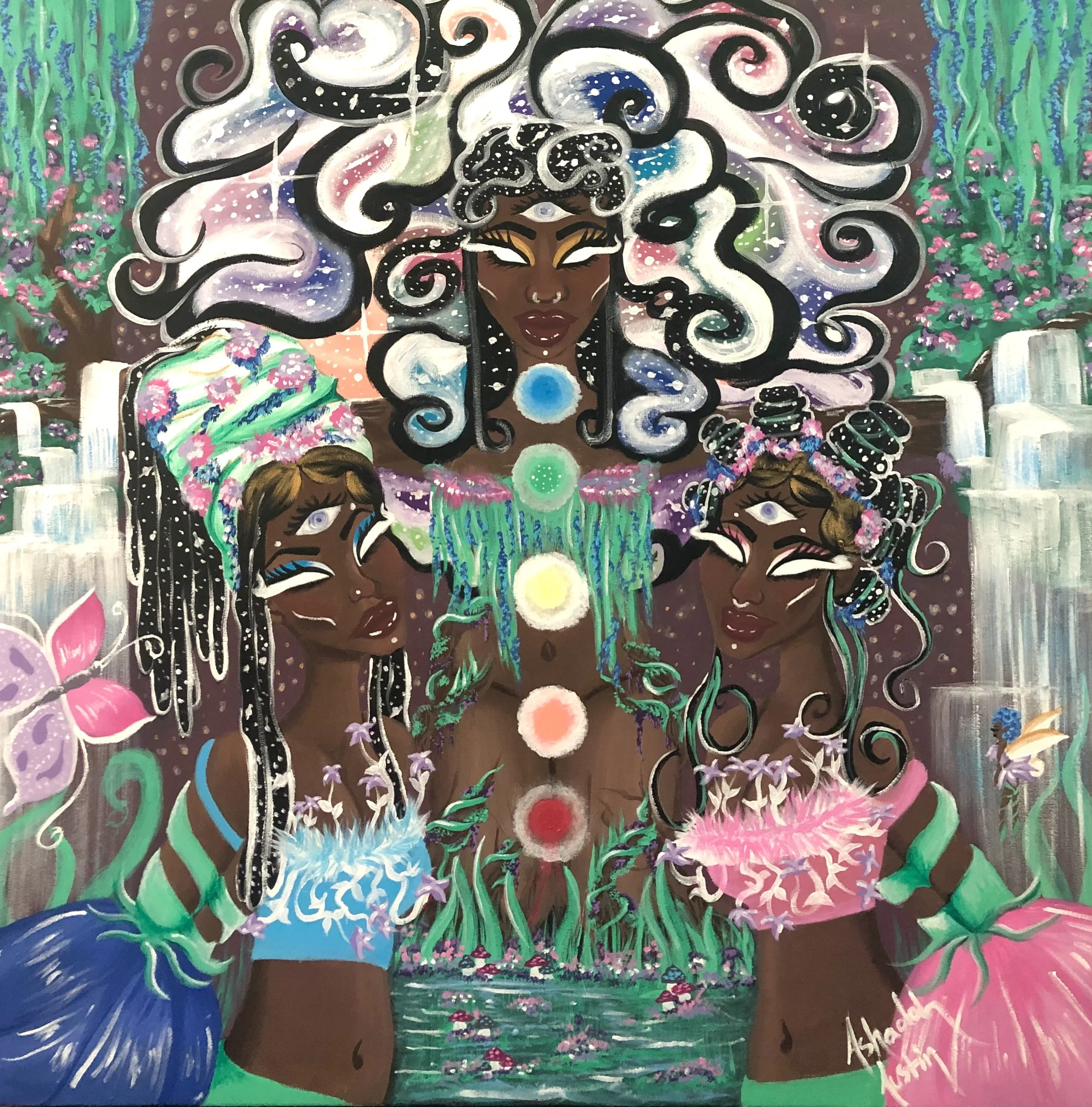 Three women with multiple eyes and intricate headwear and jewelry surround a floating three-eyed figure with glowing orbs aligned along its body, set in a lush, vibrant, fantastical landscape with waterfalls and blooming flowers.
