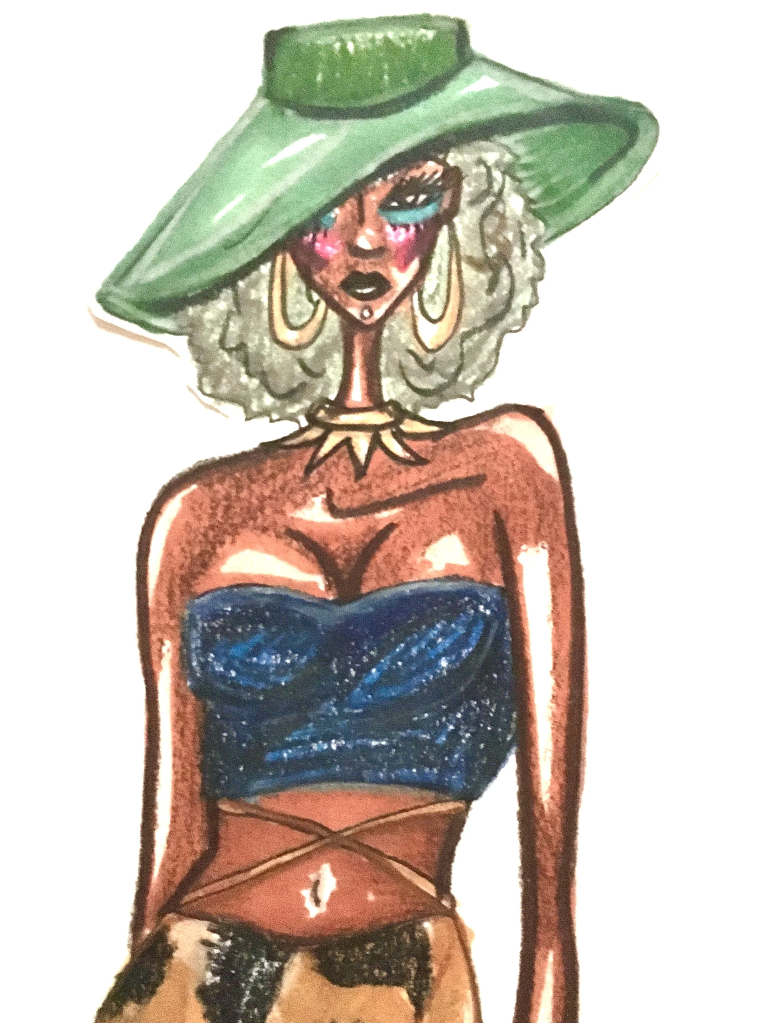 Illustration of a woman with curly gray hair wearing a large green hat, gold jewelry, a blue bustier top, and animal print bottoms.