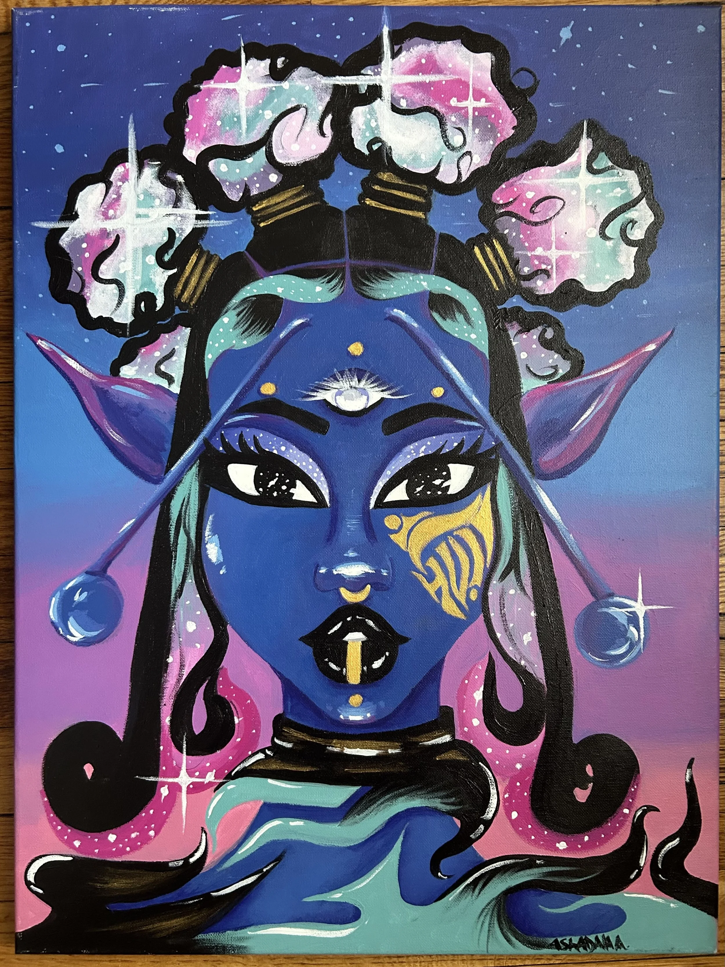 A colorful fantasy painting of a blue-skinned elf with long black hair, large pointed ears, and a third eye on her forehead. She has black lips, a gold tattoo on her cheek, and wearing a black choker. Her hair is adorned with cosmic clouds, stars, an